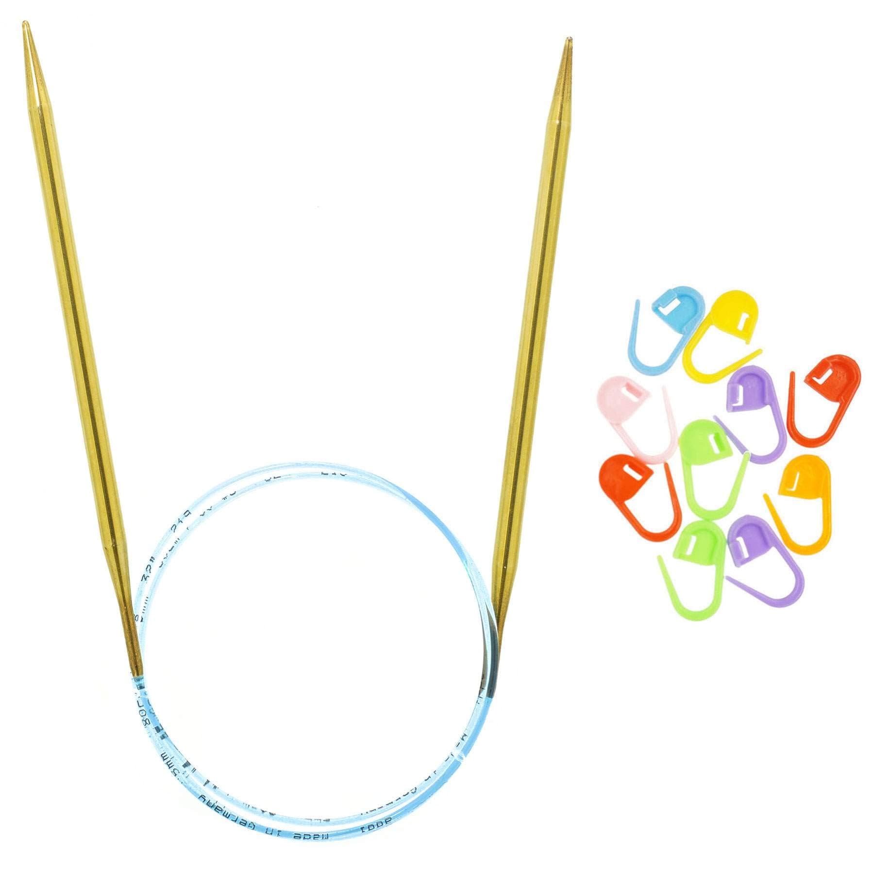 addi Knitting Needles Circular Lace Brass Blue Cord 16 inch (40cm) US 03 (3.25mm) Bundle with 10 Artsiga Crafts Stitch Markers