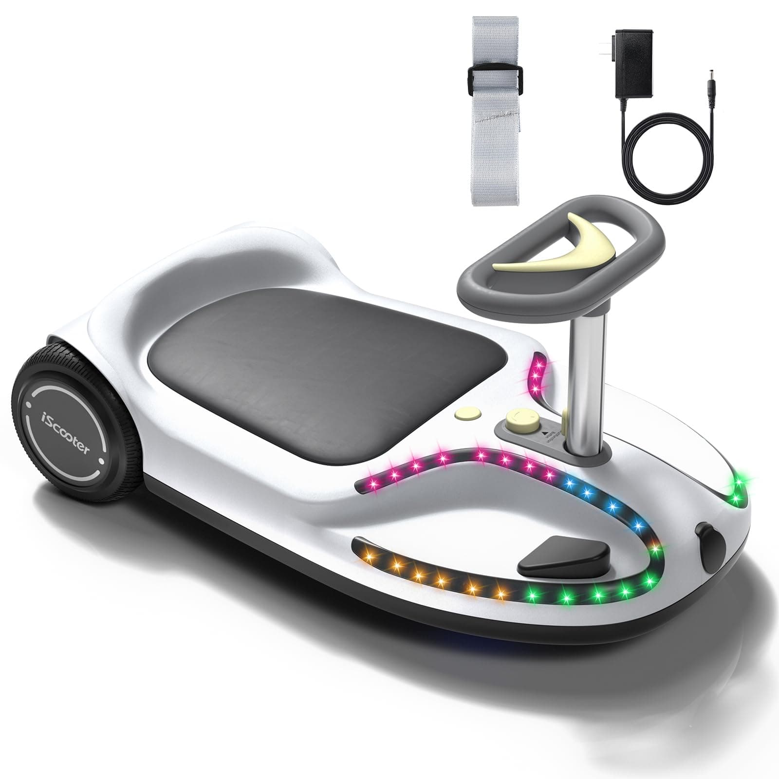21.6V Electric Wiggle Car with Pedal and Pull Rope, 4 in 1 Swing Car,Lithium Rechargeable Battery, 3 Speed Wiggle Car Ride On Toy, 100+ Lights, Bluetooth, Anti-Rollover for Ages 3+ (White)