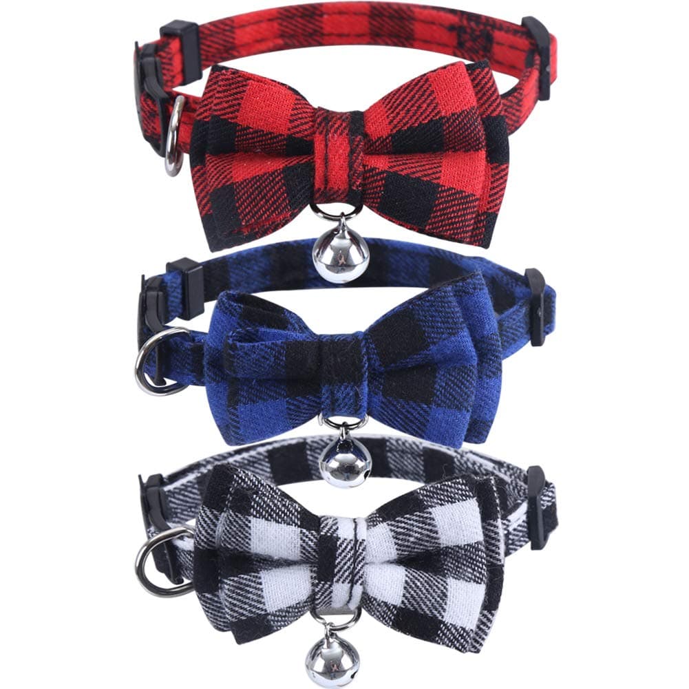 Lamphyface 3 Pack/Set Cat Collar Breakaway with Cute Bow Tie and Bell for Kitty Adjustable Safety Plaid