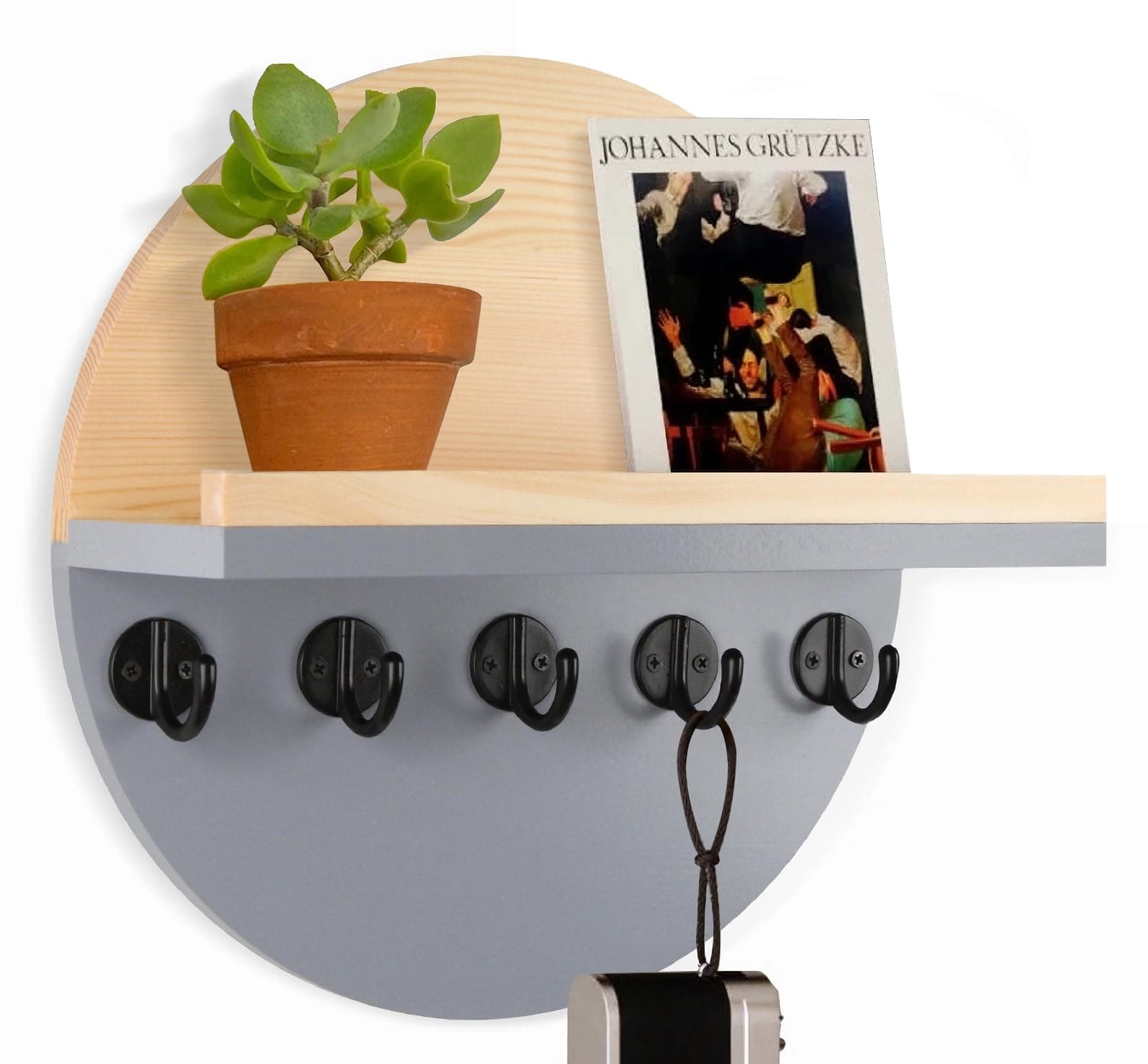 Gurfuy Key Holder for Wall with Shelf - Wood Mail Organizer and Rack with Shelf Hooks Wall Mounted for Entryway Decor Magazines Letter Storage Farmhouse Living Room Bedroom Doorway Grey