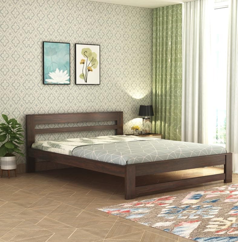 Wooden King Size Bed Without Storage | Wooden Double Bed Cot Bed for Bedroom Furniture | Palang Double Bed for Hotels | Solid Sheesham Wood | Walnut Finish