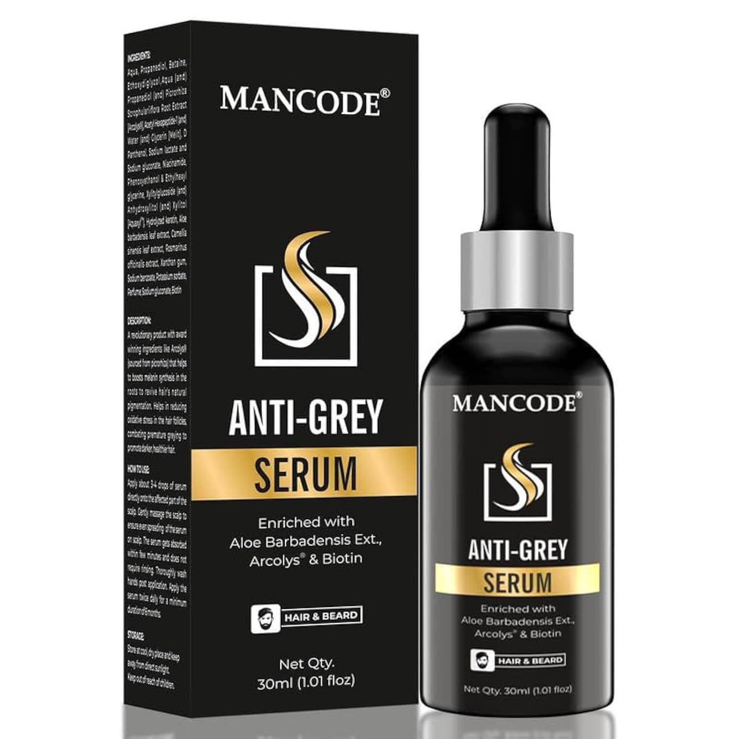 Mancode Anti Grey Serum | Restore Natural Black Color of Grey White Hair & Beard | Delay & Reverse Grays | Strengthen Hair Roots | Toxin Free | For All Hair Types - 30ml