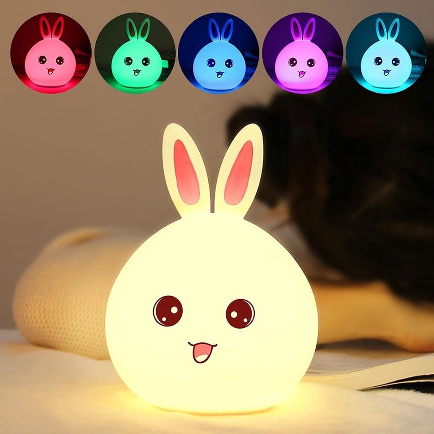 MoonlitDreams USB Rechargeable Silicone Rabbit Night Light for Kids – 3-Level...