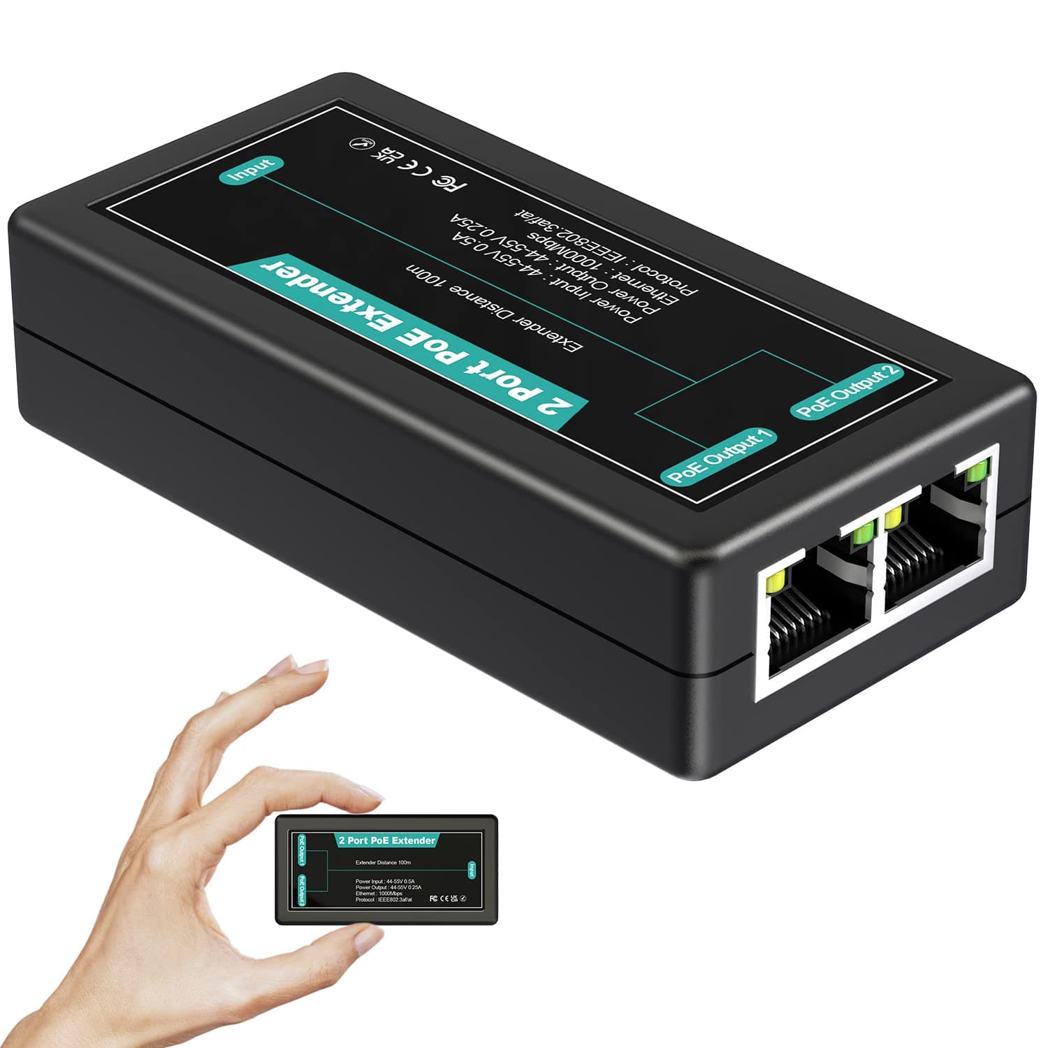 VIMIN 2-Port Gigabit PoE Extender, 1 in 2 Out Indoor PoE Repeater Support IEEE802.3af/at with 1000Mbps, Extend Additional 100m(328ft) of Power and Data Transmission, Plug & Play, Mini Size