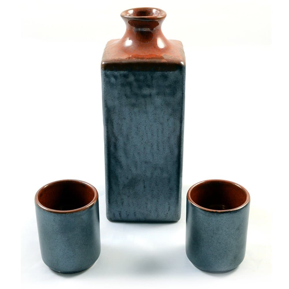 Japanese Sake Cup & Bottle Set - Silver & Orange Glazed Traditional Ceramic