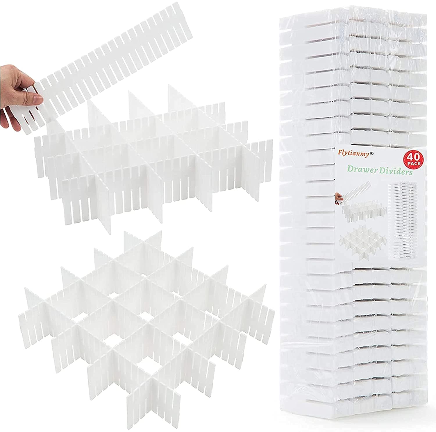 40Pcs Drawer Dividers Adjustable Utensils Drawer Storage Organizer For Clutter Kitchen Cutlery Dresser Makeup Tools Socks Can Help Tidy Office Desk Clinic Bedroom(Polypropylene), White