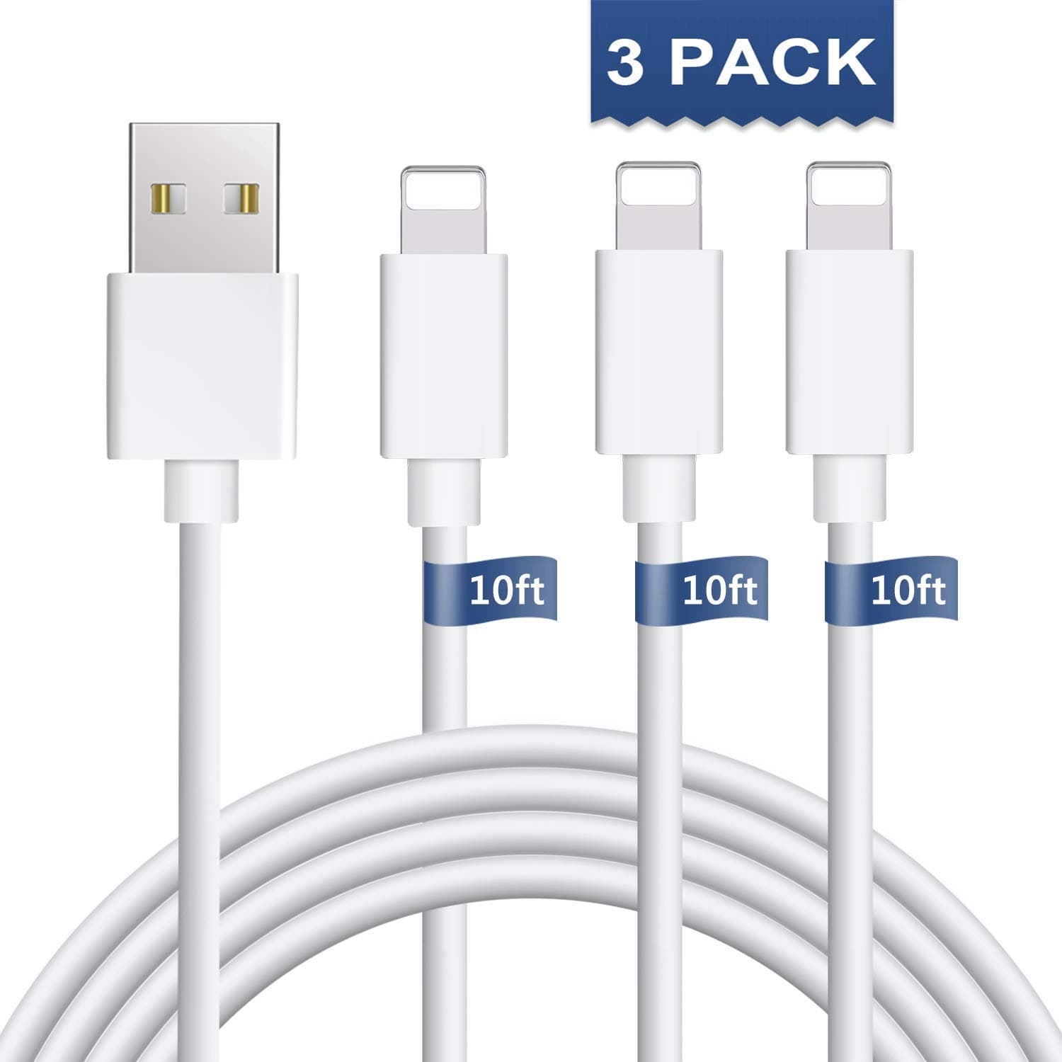 iPhone Charger 3Pack 10FT iPhone Charger Cable CBLX-P5F iPhone Charging Cable Cord Compatible iPhone Xs MAX XR X 8 8 Plus, iPhone 7 7 Plus 6 6s 6 Plus 6s Plus, iPhone SE 5 iPad, iPod and More(White)