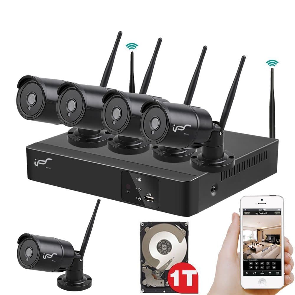 IPSmart 4CH 720P CCTV WIFI NVR Kit Home Surveillance Security System with 4pcs 1.0 Megapixel HD Outdoor Bullet IP Cameras Built-in 1TB HDD Plug&Play Night Vision and Real-time Live View
