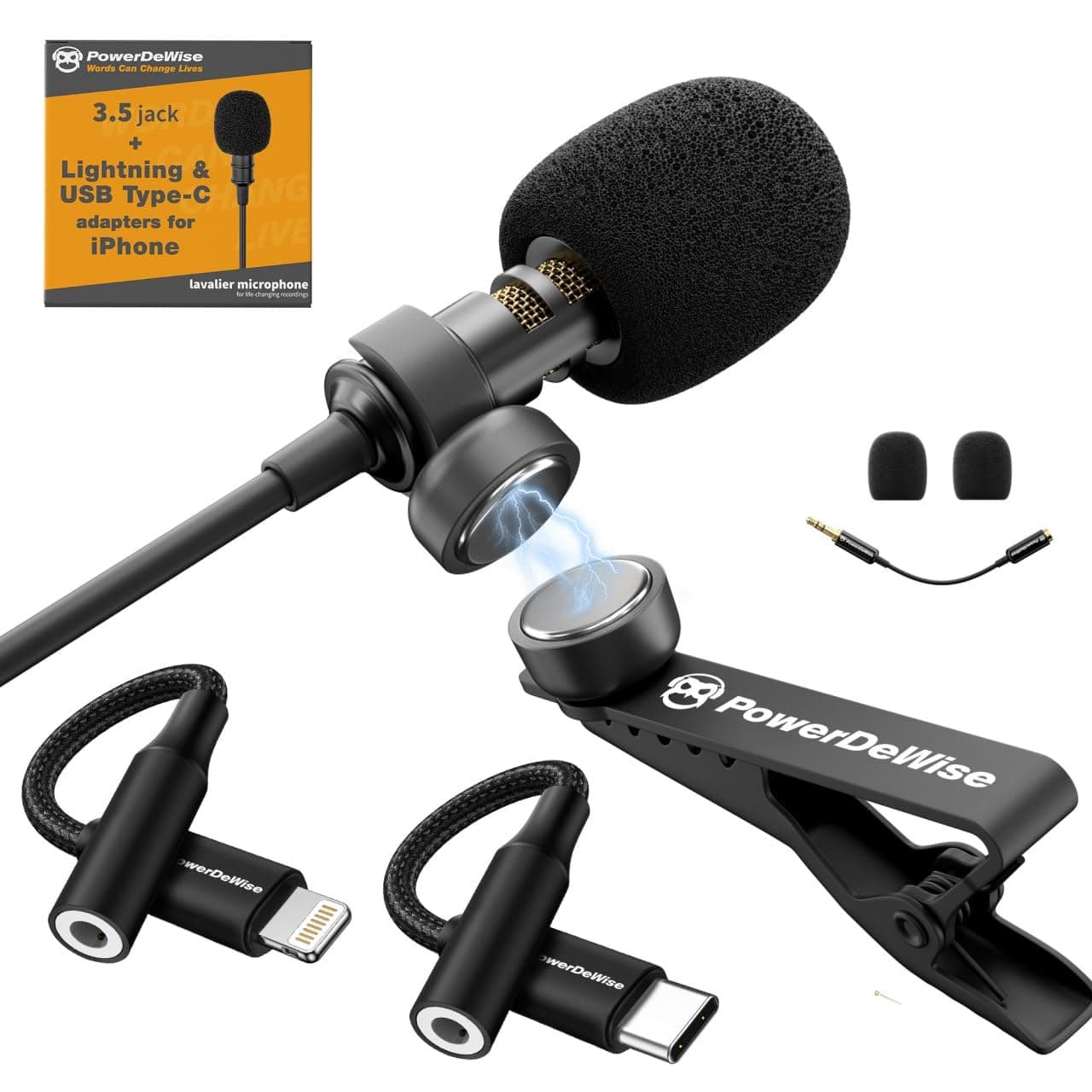 PowerDeWise Professional Grade Lavalier Clip On Microphone - Lav Mic for Camera Phone iPhone GoPro Video Recording ASMR - Small Noise Cancelling 3.5mm Tiny Shirt Microphone with Easy Clip On System