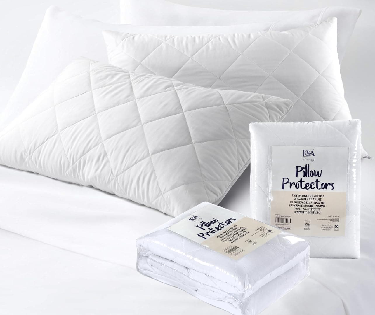 Quilted Pillow Protectors 2 Pack Zipped | Ultra Luxe, Soft, Noiseless and Breathable Microfiber Pillow Case Protector | Hypoallergenic and Anti Allergy Pillow Protectors | UK Standard 48x74 CM