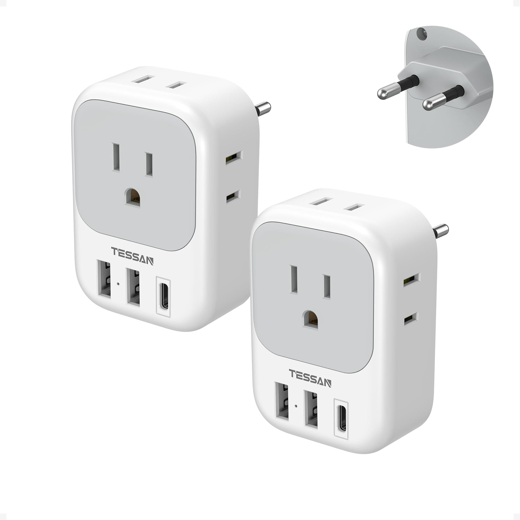 2 Pack European Plug Adapter USB C, TESSAN US to Europe Adapter 4 Outlets 3 USB Charger, Type C International Power Adaptor to Italy Spain France Portugal Iceland Germany, Europe Travel Essentials