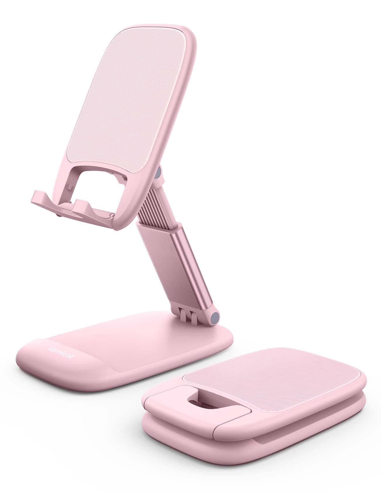 Foldable Phone Stand for Desk - Height Adjustable Cell Phone Holder Portable Cellphone Cradle Desktop Compatible with iPhone 13 Pro Max Mini, 12 11 XR X 8 7 6 Plus SE, 4-8'' Smartphone - Pink
