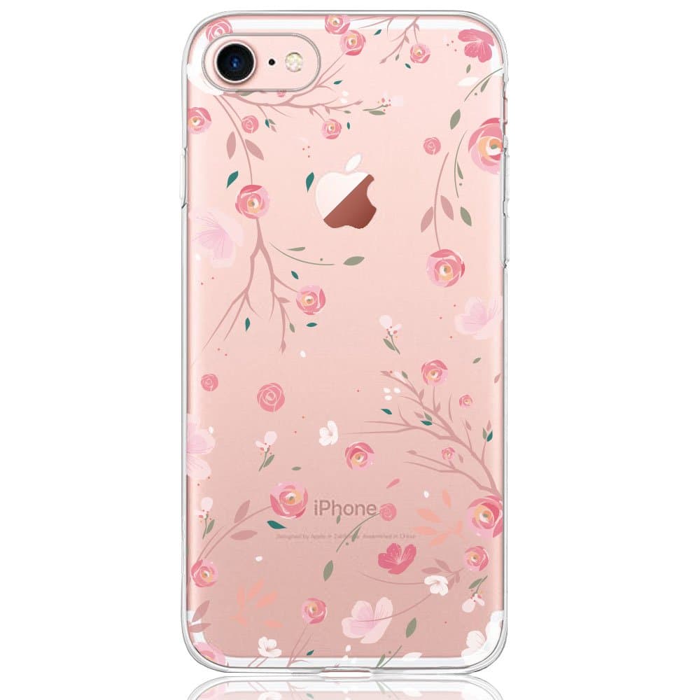 iPhone 7/8 Case, Dolce Vita Series Slim Fit Silicone Clear Case for Ladies/Girls with Rose Flowers Pink Floral Design