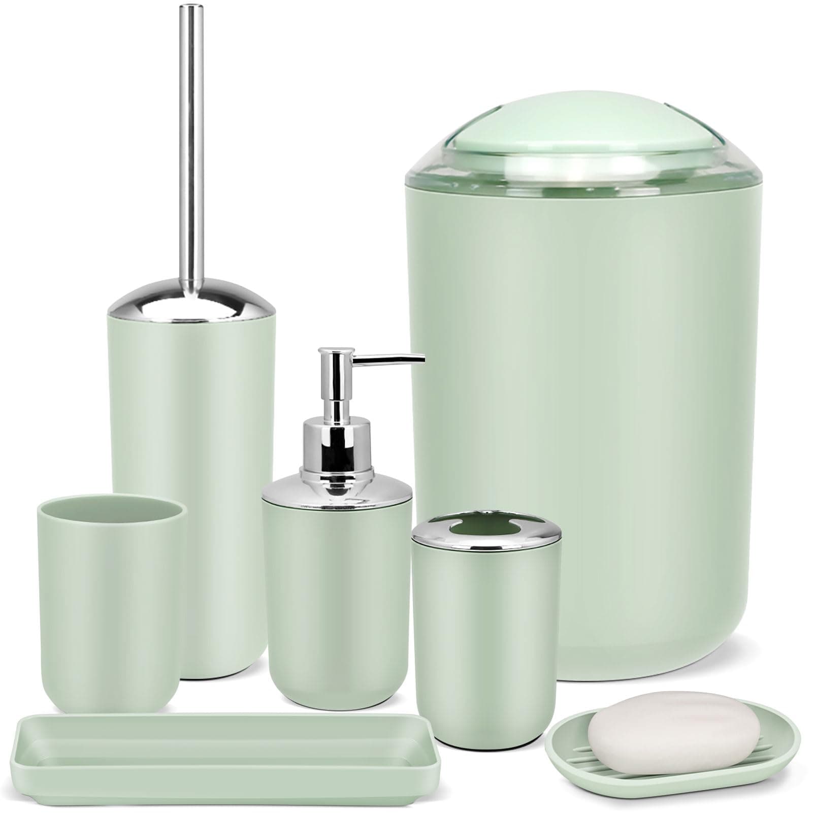 IMAVO Bathroom Accessory Set - 6 Piece Green Bathroom Accessories Set with Trash Can, Soap Dispenser, Soap Dish, Toothbrush Holder & Cup, Toilet Brush Holder, Bathroom Decor Sets Accessories Complete
