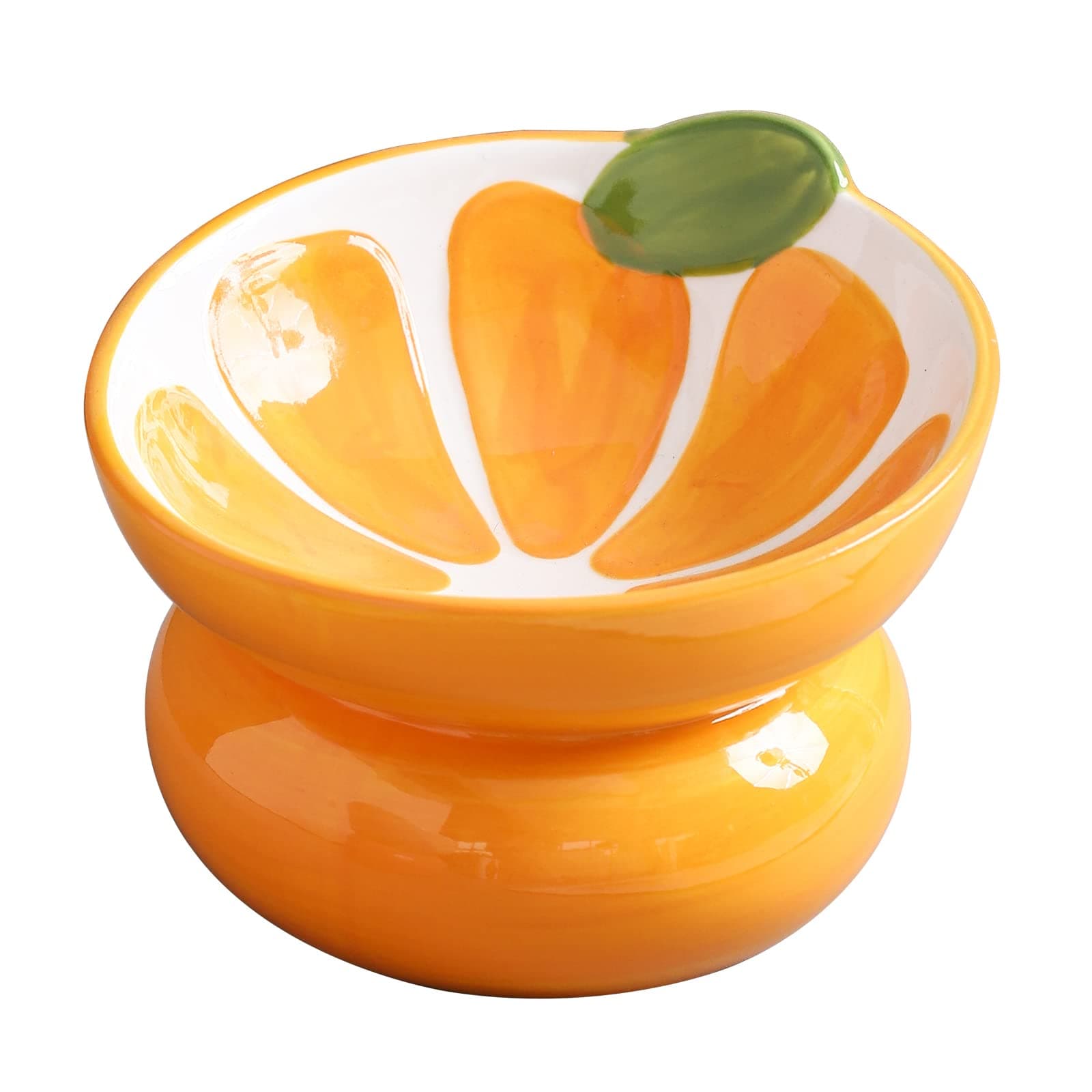 Ceramic Raised Cat Bowl, Elevated Cat Food Bowl for Indoor Cats, Anti Vomiting & Protect Pet's Spine, Cute Tilted Cat Dish for Flat Faced Cats and Kitten (Orange Shaped)