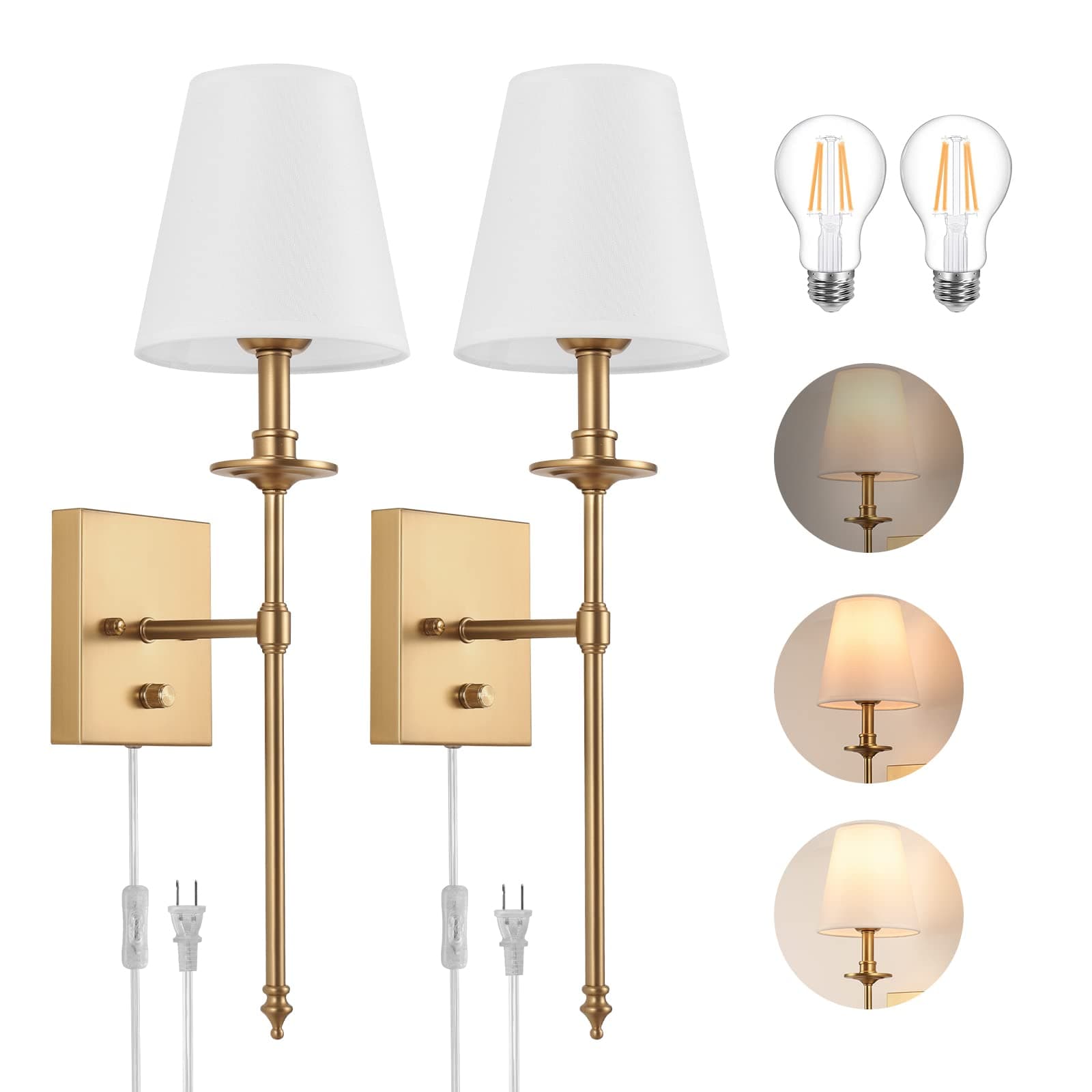 Dimmable Wall Sconces Set of Two, Plug in Wall Sconces White Fabric Shade, Wall Lamp for Bedroom, Living room, Plug in Wall Light Sconces Wall Decor Set of 2, LED Bulbs Included, Antique Brass