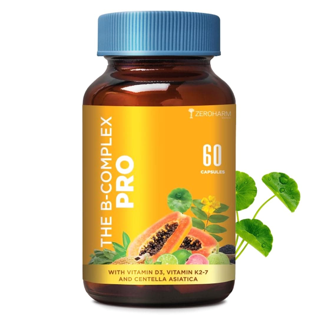 Zeroharm B-Complex Pro with Vitamin D3 & K2-7 | Vitamin B-Complex With B1, B2, B3, B5, B6, B9 & Vit B12 | Plant-Based Supplement | Supports Energy & Immunity For Men and Women | 60 Veg Capsules