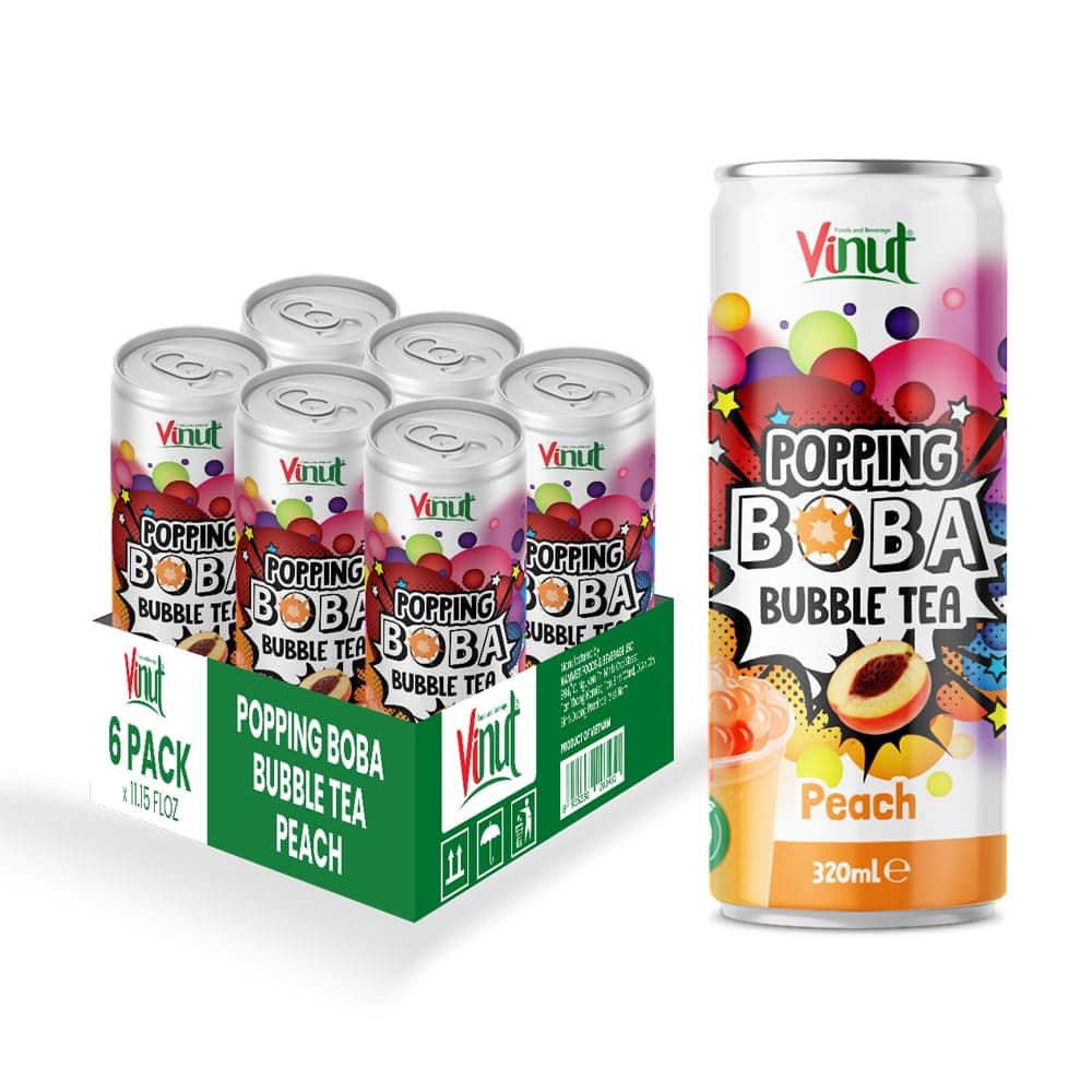 Vinut Popping Boba Bubble Tea Peach Flavour (320ml, Pack of 6) Ready - To - Drink Bubble Tea with Boba Popping Refresh Canned Peach Bubble Tea Low Sodium