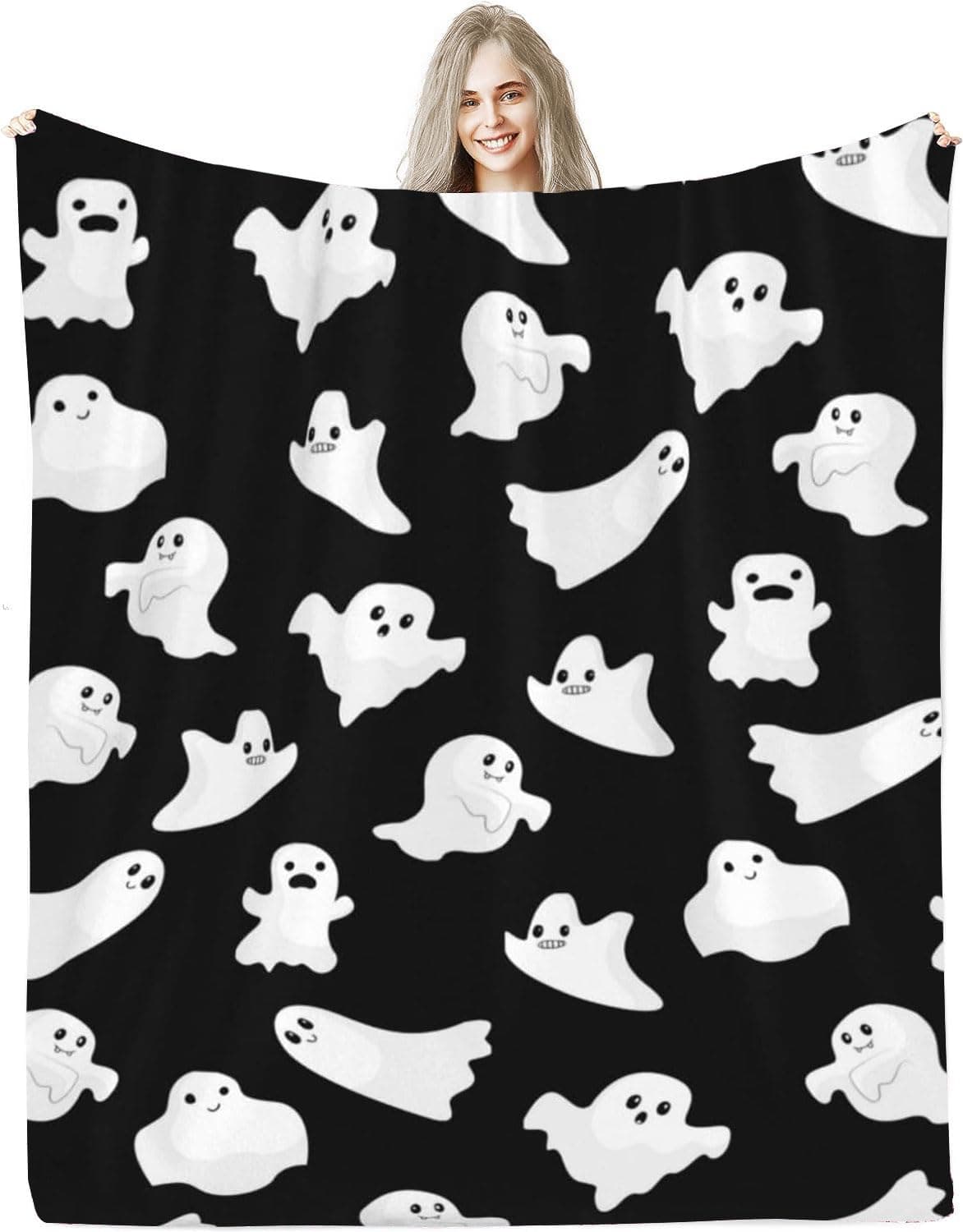 NextchangeFunny Cute Ghost Throw Blanket Spooky Decor Ghost Blanket for Picnic Camping Travel Lightweight Fuzzy Cozy Black White Halloween Throw Blankets for Living Room Sofa Couch 50" x 60"