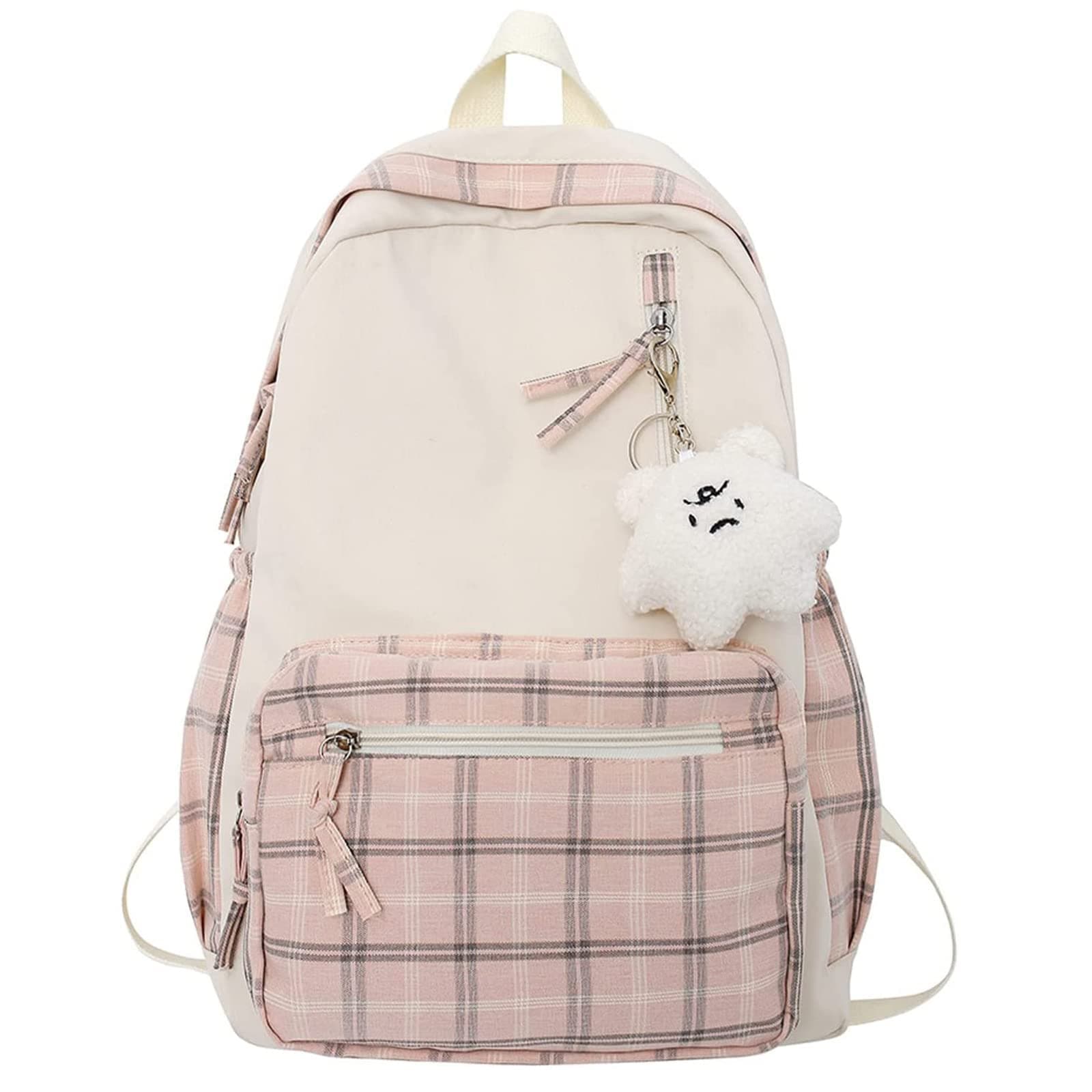 Backpack Backpack, Large Capacity Casual Daypack Kawaii Plaid School bags Preppy Backpack for School for Teens Girls Women Students (Pink)