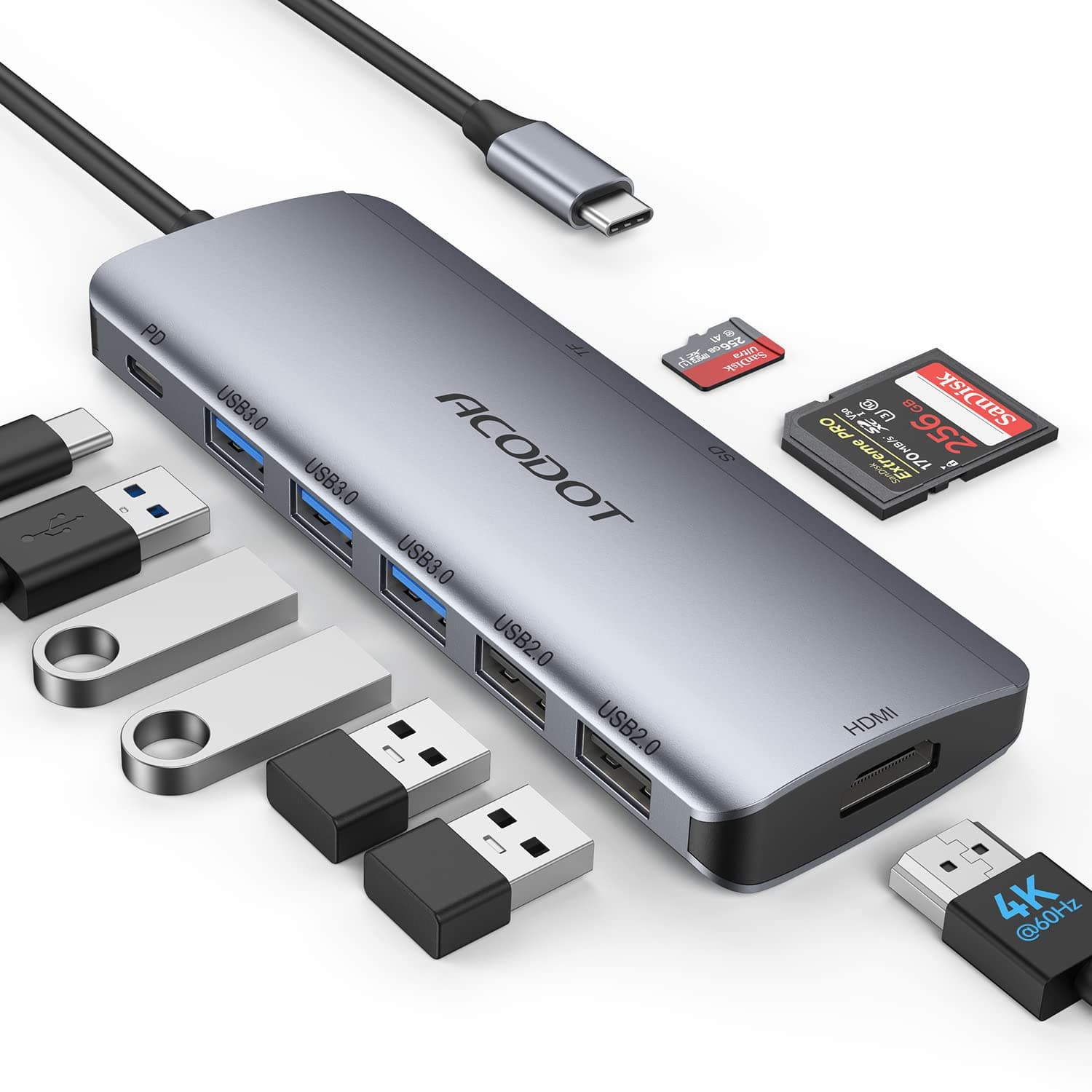 USB C Hub, Acodot 9 in 1 USB C to 4K@60HZ HDMI Multiport Adapter, 3 USB 3.0 Ports, SD/TF Card Reader, 100W PD, USB C Hub Multiport Adapter Desigend for MacBook Pro Air HP XPS and Other Type C Devices