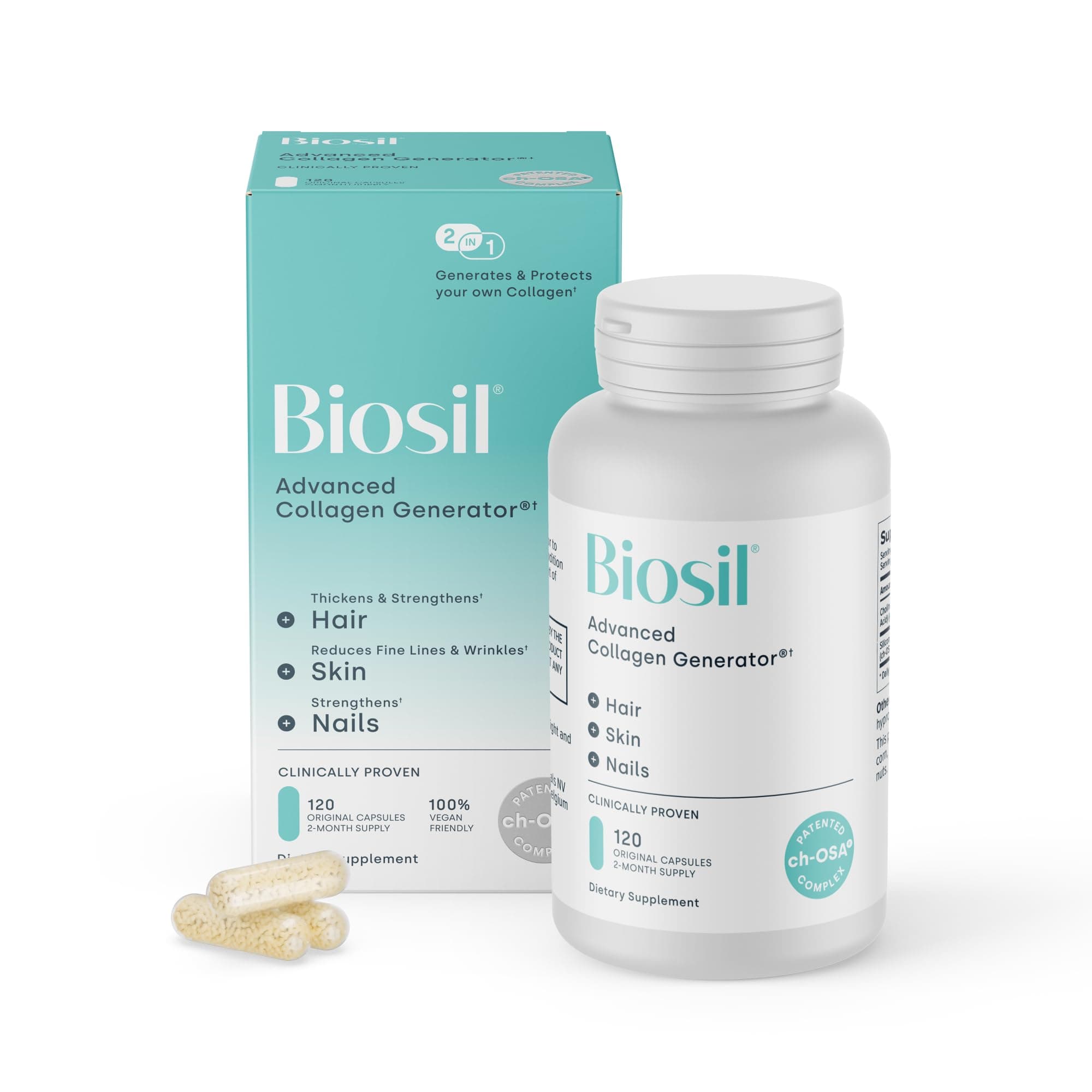 BioSil - 120 Vegan Capsules - with Patented ch-OSA Complex - Increase Collagen Production for Beautiful Hair, Skin & Nails - GMO Free - 120 Servings
