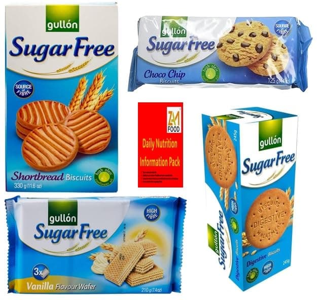 Gullon Sugar Free Cookie Biscuits variety 4 Boxes Shortbread, Digestives, Vanilla Wafers and Chocolate chip Diabetic Gift box for friend & Family on christmas, mothers & father day zamfoods (1 Bundle)