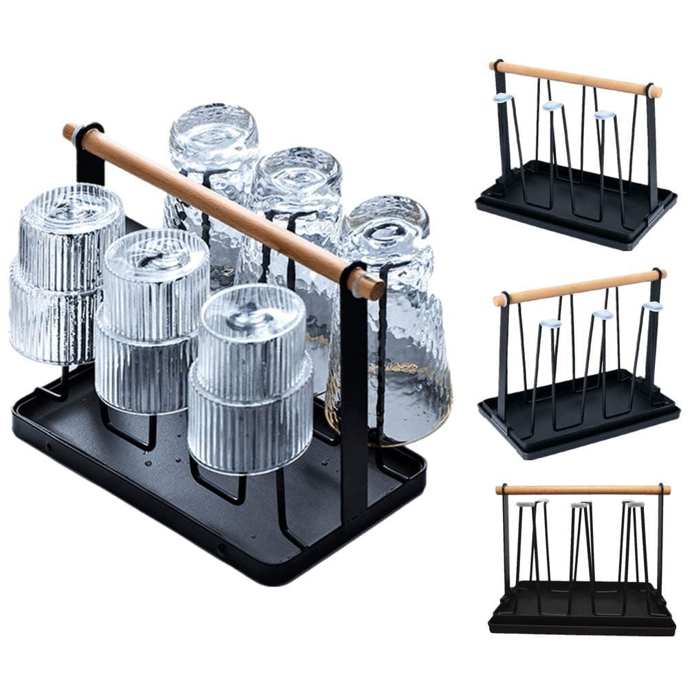 Product Cup Drying Rack, Mugs Organizer, Metal Bottle Drying Organizer with Drain Tray, Wood Handle, 6 Silicone Protective Hooks Ideal for Storing/Draining/Drying Cups, Mugs, Glasses (Black)