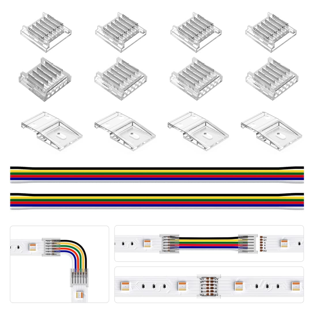SMD 6 Pin 12mm 0.47in Width Transparent Connector Kit,4xGapless Solderless 8pcs Corner Connector, 4pcs 5.9in Long 22AWG Extension Wires,Support 5050 SMD RGBCCT LED Strip