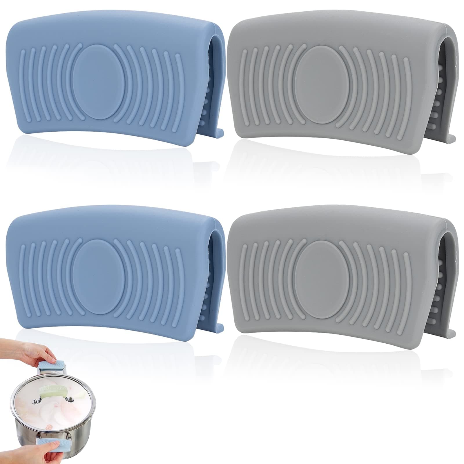 DGN Silicone Pot Holder, 2 Pairs, Blue & Grey, 8 x 4.5 cm, Heat Resistant Up to 475°F, Non-Slip, Easy to Clean