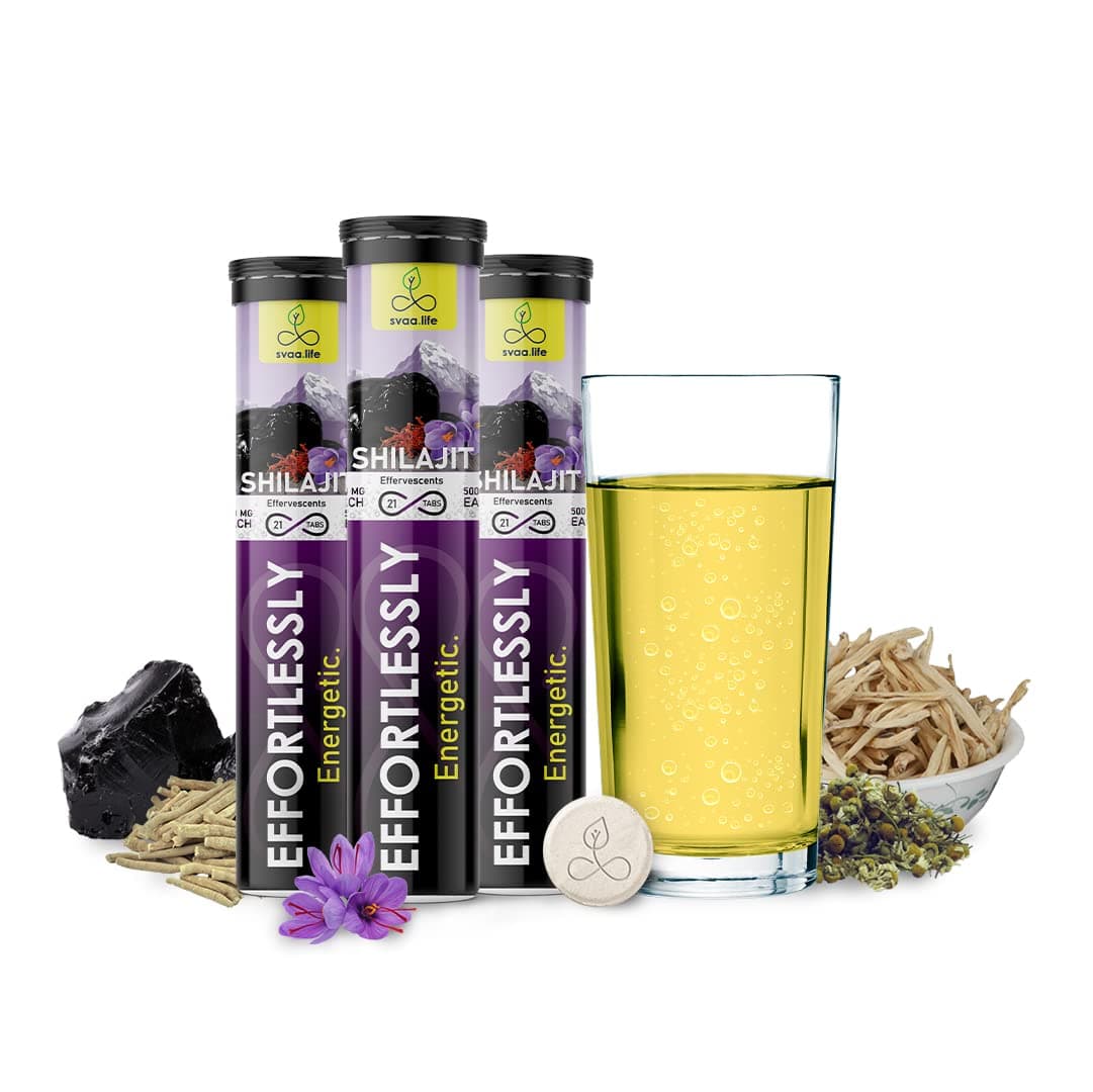 svaa.life World's First 500 mg Shilajit Effervescent 21 Tablets (Pack of 3)- with Ashwagandha, Gokshuru, Saffron & Safed Musli | Shilajeet For Vitality, Endurance, Helps Boost Stamina, Glowing Skin