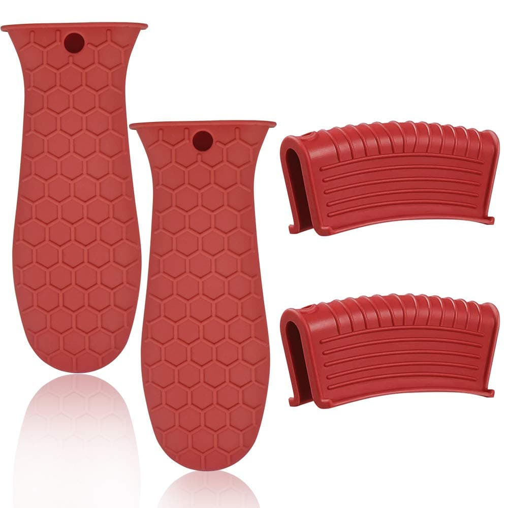 4 Pack Silicone Hot Handle Holder Cover, Silicone Pot Holders Heat Resistant Assist Pan Handle Sleeve Non-Slip Pot Handle Covers for Cast Iron Skillet Metal Pan (Red)