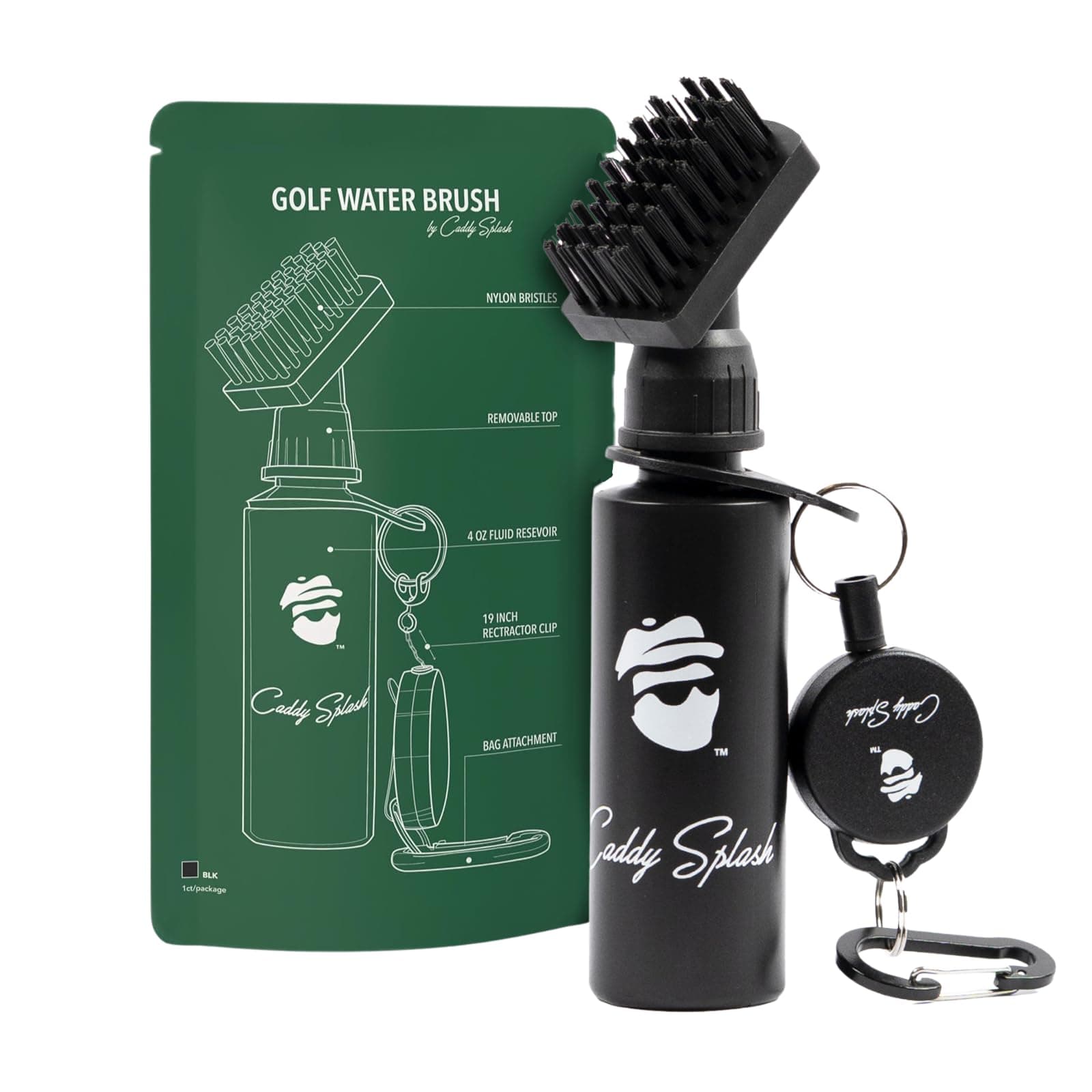 Caddy Splash Golf Water Brush - Retractable Brush with Nylon-Bristles Head - Wide Cleaning Coverage - Anti-Leak Reservoir Tube - Squeeze Bottle for Easy Cleaning - 7.5 Inches, Holds 4 Ounces of Water