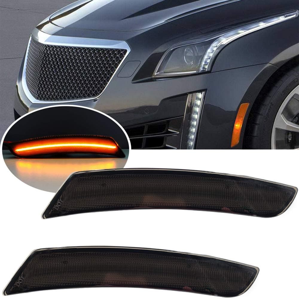 CTS/ATS Amber LED Front Side Marker Lamps Replacement for 2014-2019 Cadilla.c CTS & 2015-2019 Cadillac ATS & 2016-2024 Camaro Smoked Lens LED Turn Singal Lights Kits Replace OEM Sidemarker Lamps