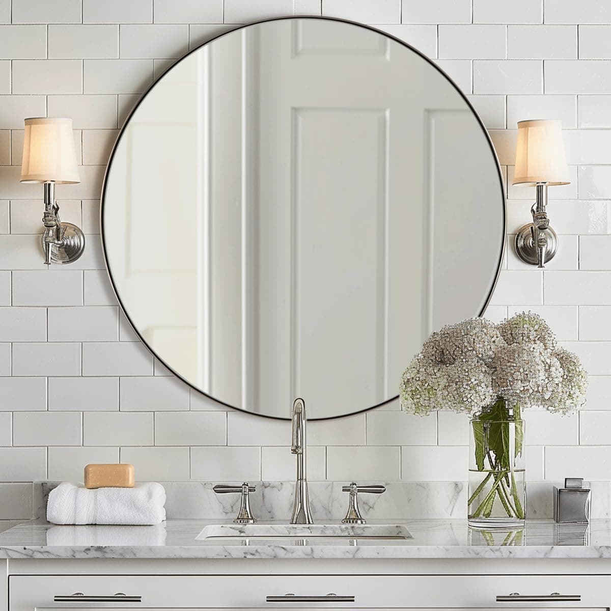 ANDY STARRound Bathroom Mirror, 24’’ Brushed Silver Round Bathroom Mirrors in Stainless Steel Metal Frame 1" Deep Set Design