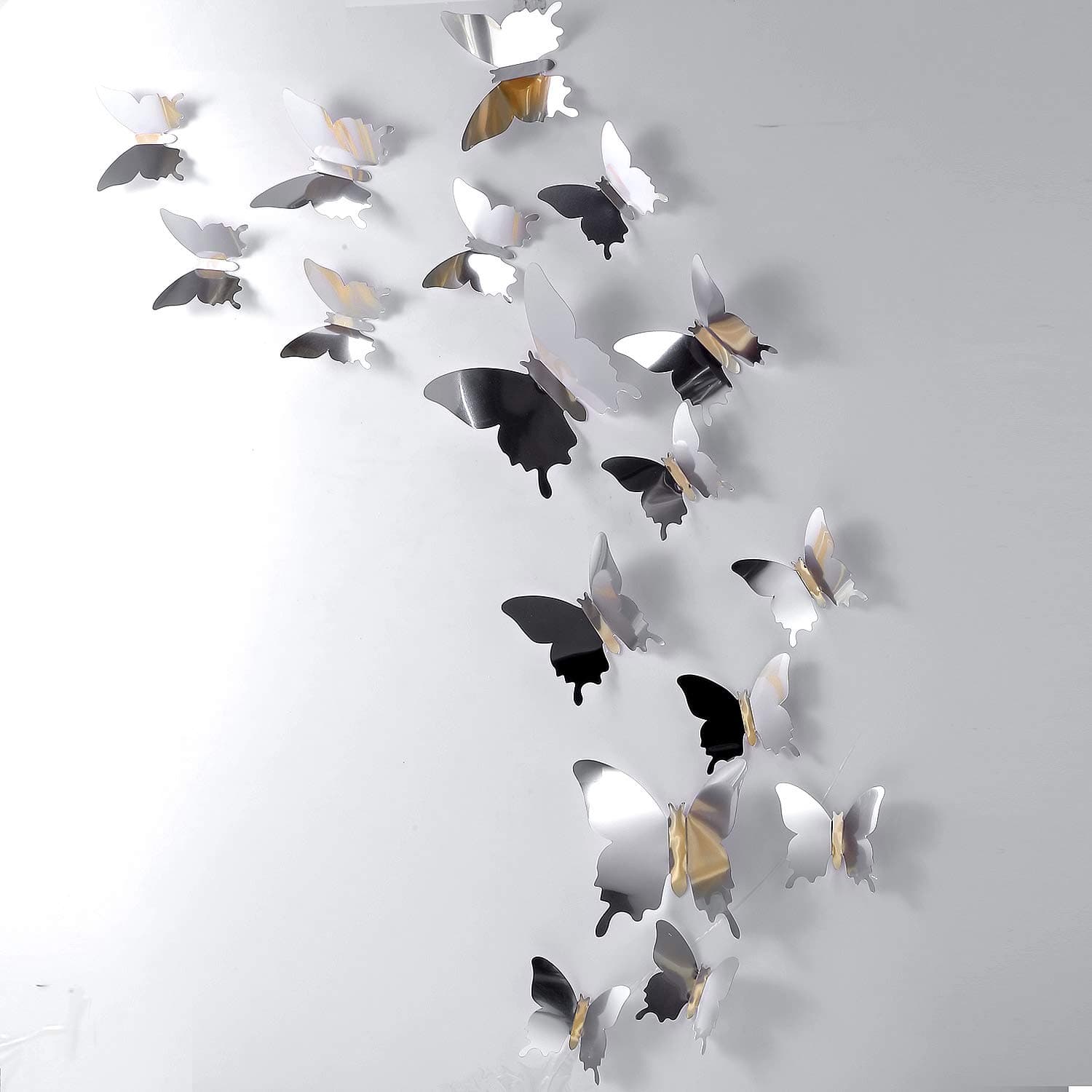 BBTO 48pcs 3D Butterfly Wall Stickers, Silver Mirror Design, Modern Style, PET Material, Wall Decor