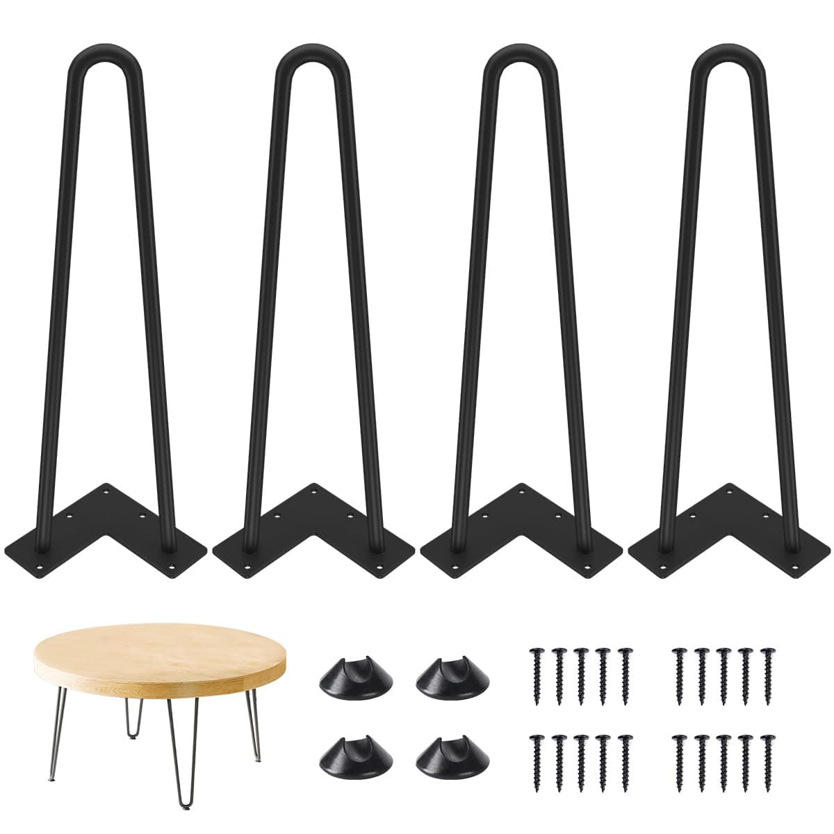 Genius Iron Hairpin Table Legs 16 inch, 3/8" Solid Metal Steel Firm Welding Home DIY for Coffee Table, Bench, Chair with Rubber Floor Protectors, Black, 4 PCS