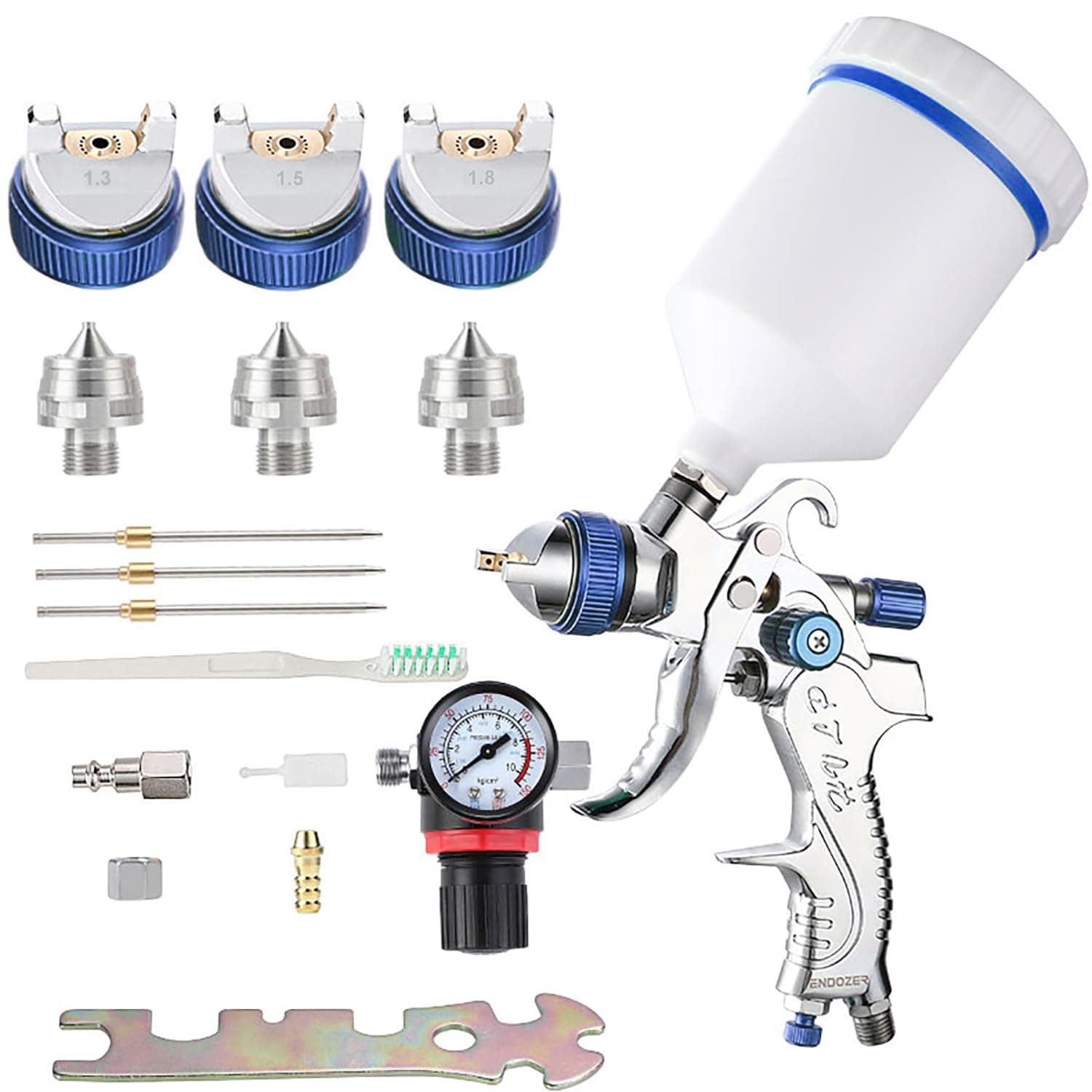 ENDOZER Professional HVLP Spray Gun Set Gravity Feed Air Spray Gun with 1.3, 1.5, 1.8mm Nozzles 20oz 600cc with Gauge for Auto Paint, Primer, Clear/Top Coat & Touch-Up (Not Suitable for Latex Paint)
