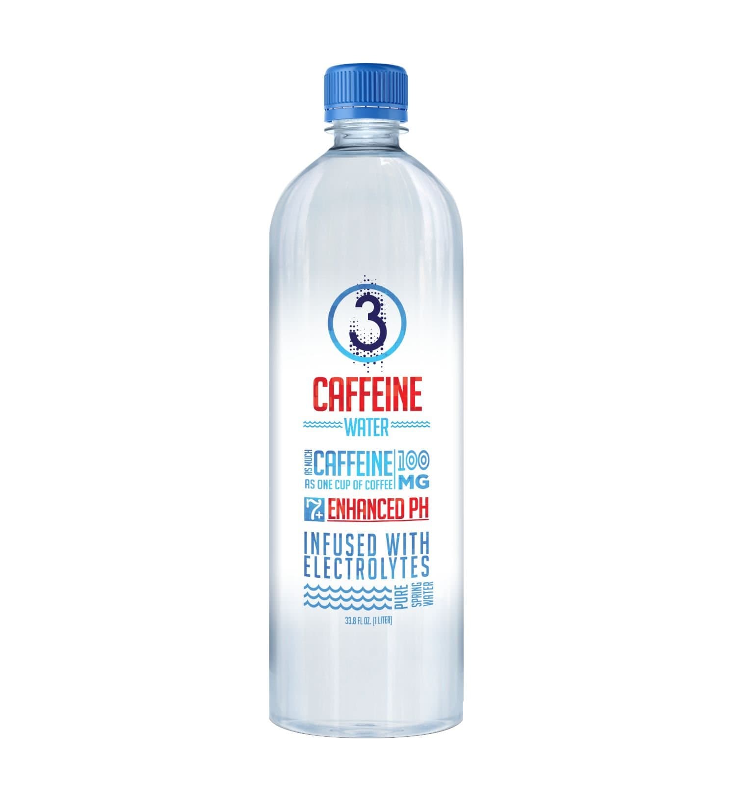 3 Water - 12 Pack 1 Liter - Caffeinated Water with Electrolytes & enhanced pH