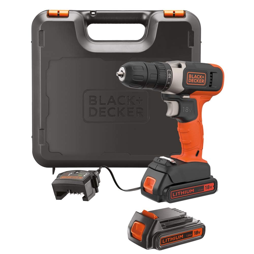 BLACK+DECKER 18V 1.5Ah Li-Ion Cordless Electric Compact Drill Driver with 2 Batteries in Kitbox for Wood Drilling & Screwdriving/Fastening, Orange/Black - BCD001C2K-GB,