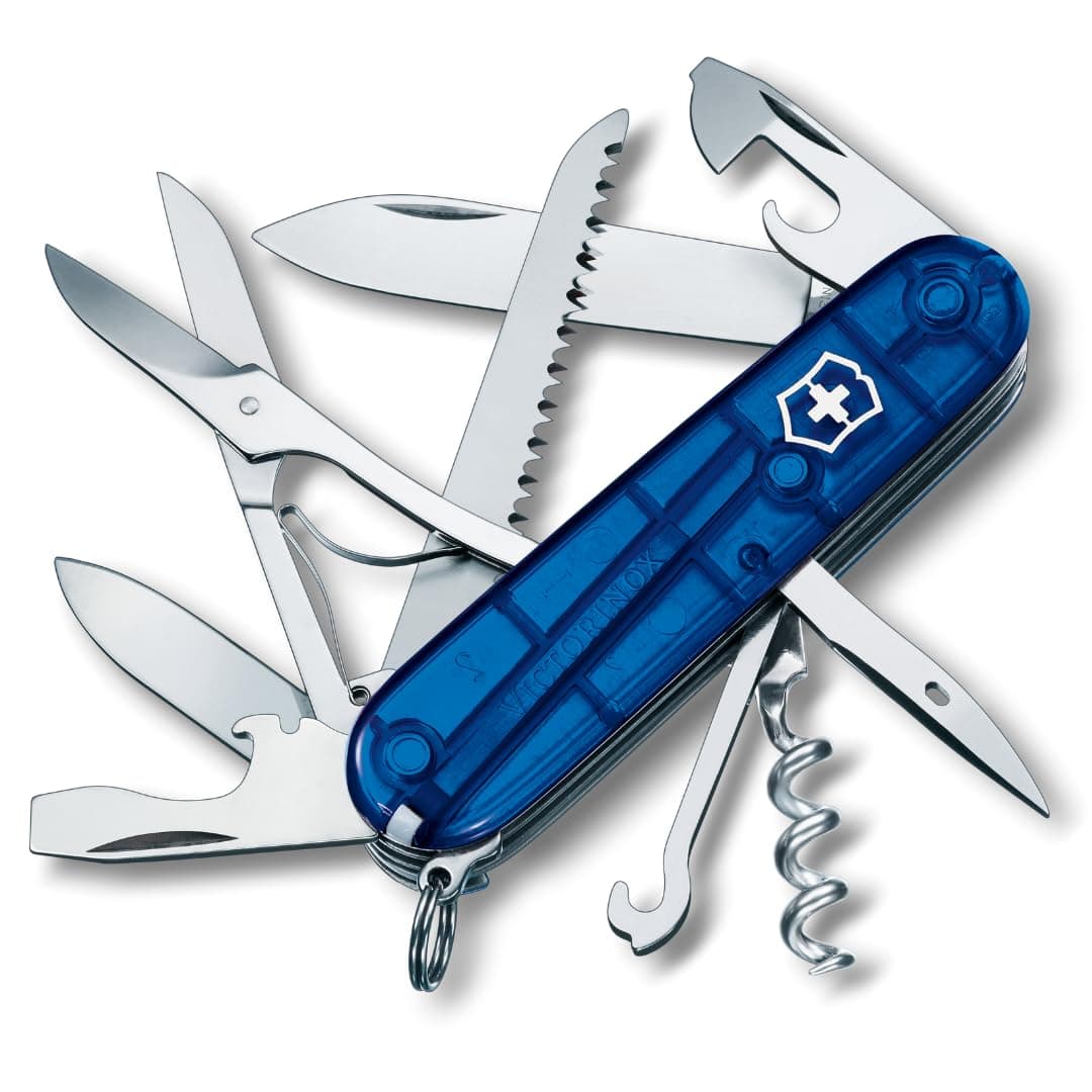 Huntsman Swiss Army Pocket Knife, Medium, Multi Tool, 15 Functions, Large Blade, Bottle Opener, Blue Transparent