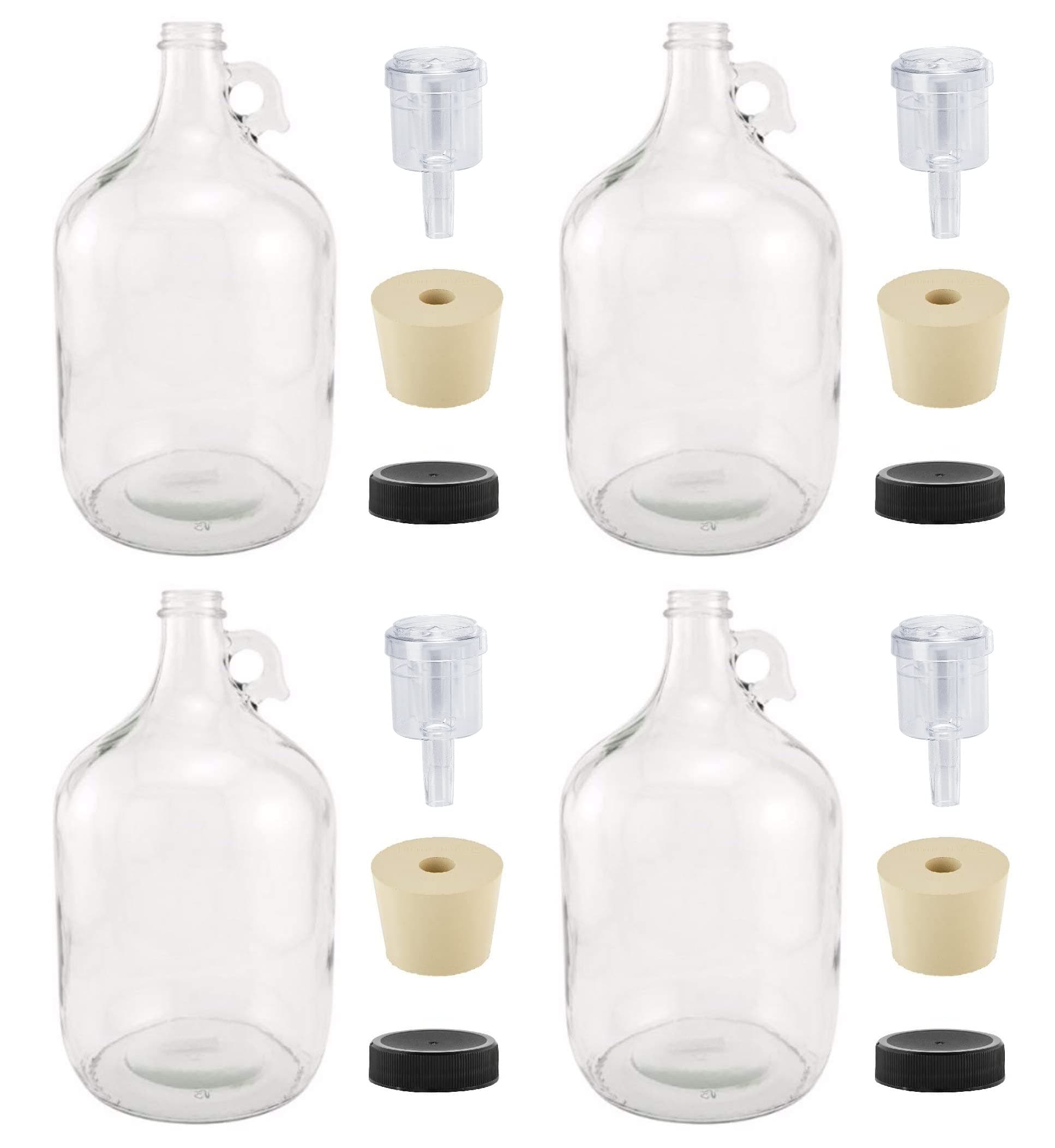 1 Gallon Glass Fermenting Jug with Handle, 6.5 Rubber Stopper, 2-Piece Airlock, Black Plastic Lid - Set of 4
