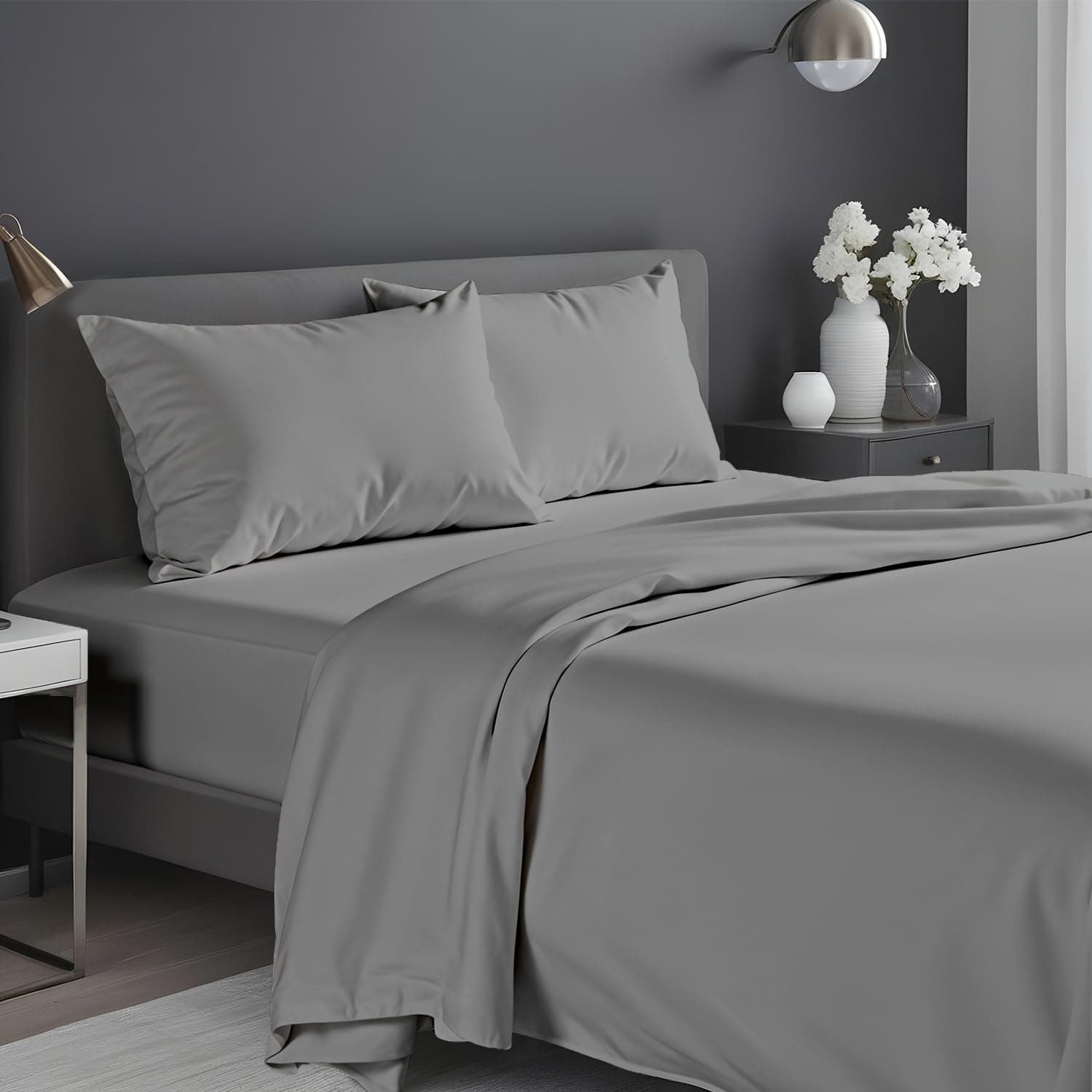 Infinitee Xclusives Grey Queen Bed Sheet Set – 4 Piece Bed Sheet Set – Queen Size 230 cm x 260 cm - Soft Brushed Microfiber Bed Sheets - 40 cm Deep Pockets Sheets Wrinkle Free & Fade Resistant