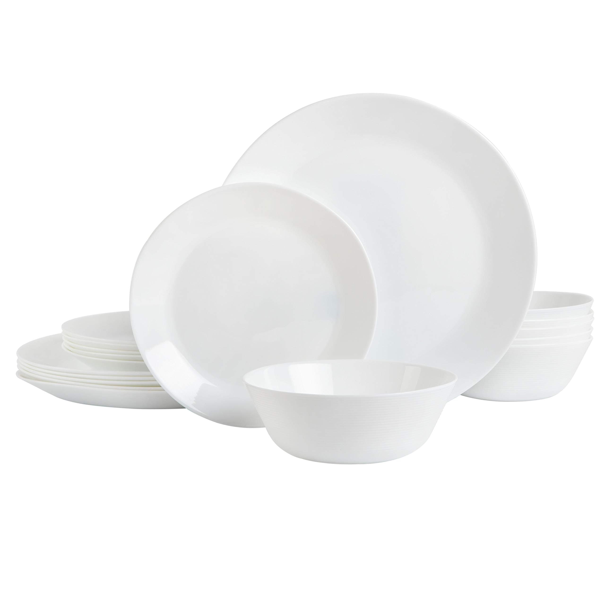 Gibson Home Ultra 18 Piece Break and Chip Resistant Dinnerware Plates and Bowls Set, Round: Service for 6, Opal Glass, White