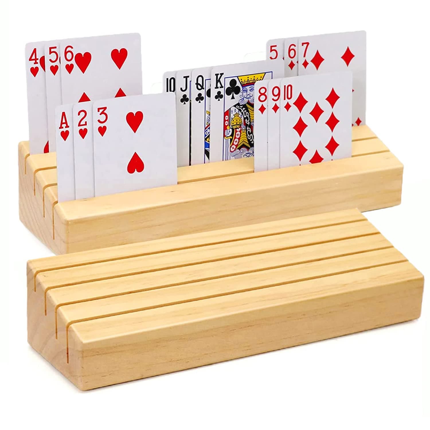 Card Holders for Playing Cards Set of 2, Pine Solid Wooden Playing Card Holders for Adults Seniors Kids 9.84 X 3.15 X 2.25 Inch, Uno/ Canasta/ Bridge/ Hand and Foot Card Holder