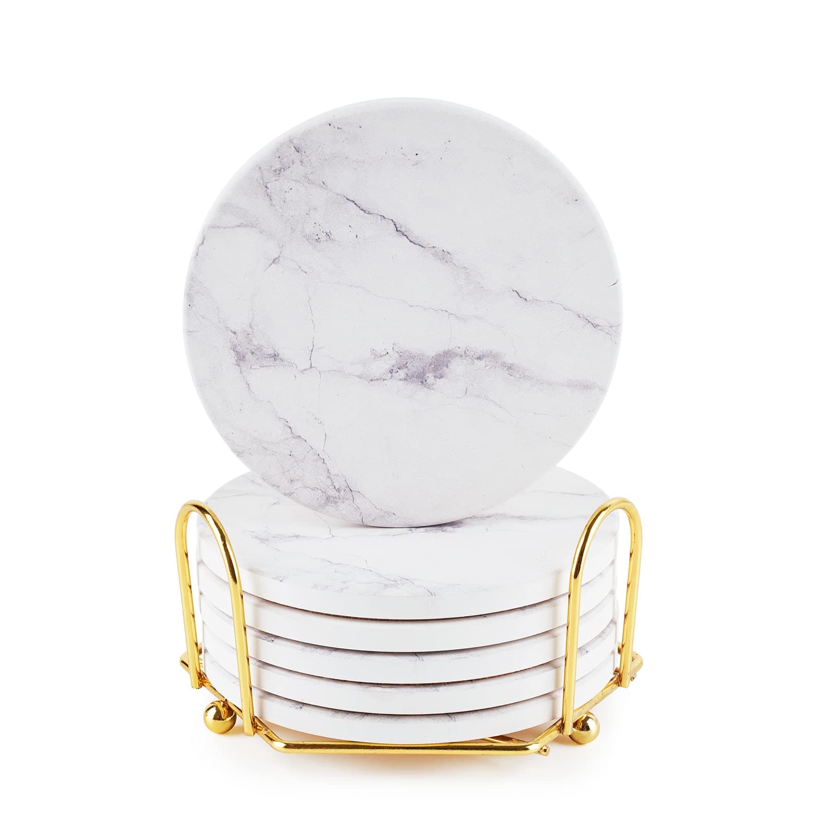 Coasters for Drinks, White and Round Marble Coasters Absorbent with Holder,Wine Beer Bar Coasters Set of 6 for Coffee Table Protection