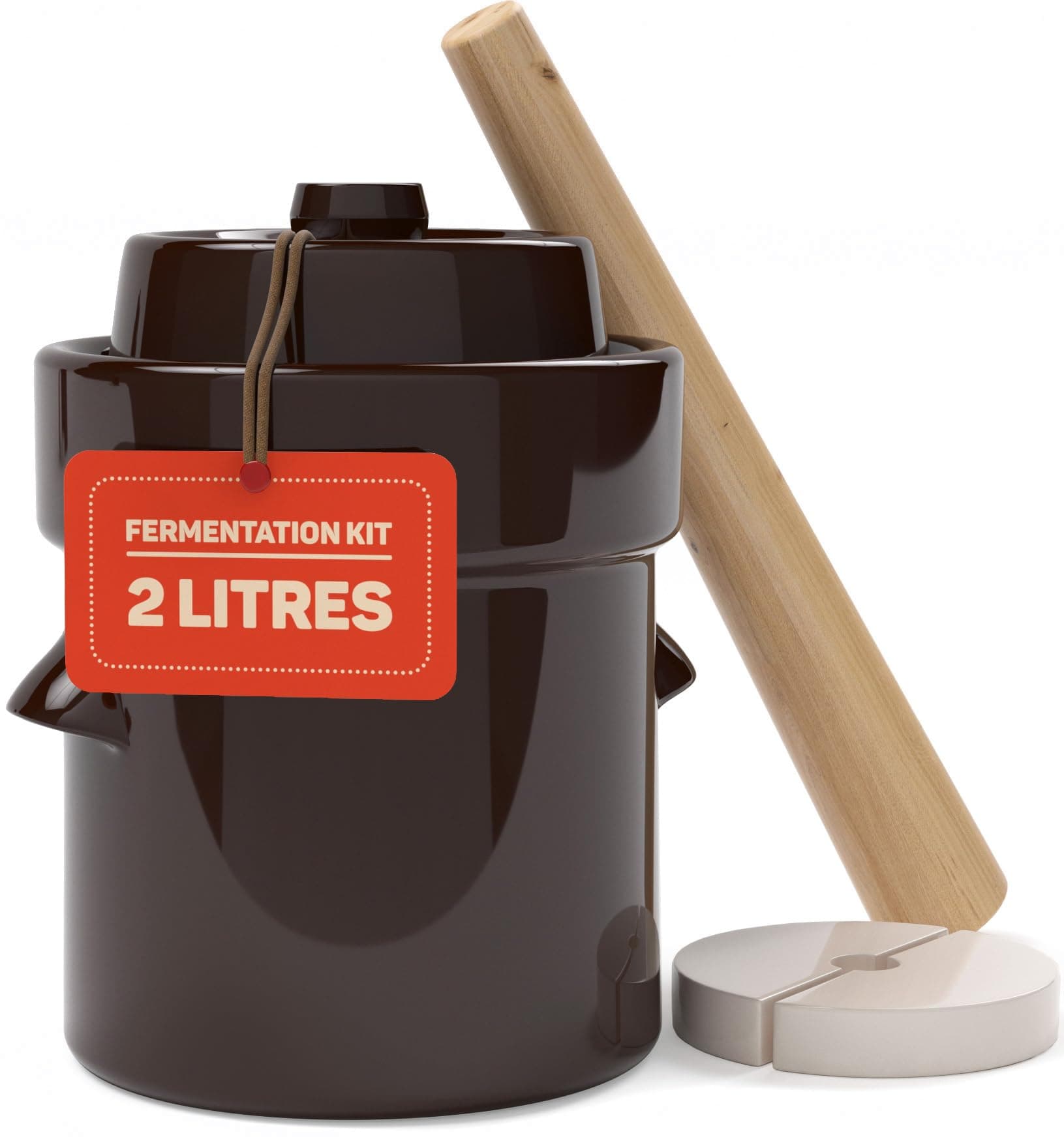 Kenley Fermentation Crock Jar 2 Liter - Stoneware Pot for Fermenting or Pickling Kimchi, Sauerkraut, Pickles, Vegetables, Kombucha - Ceramic Fermenter with Weights, Lid & Pounder