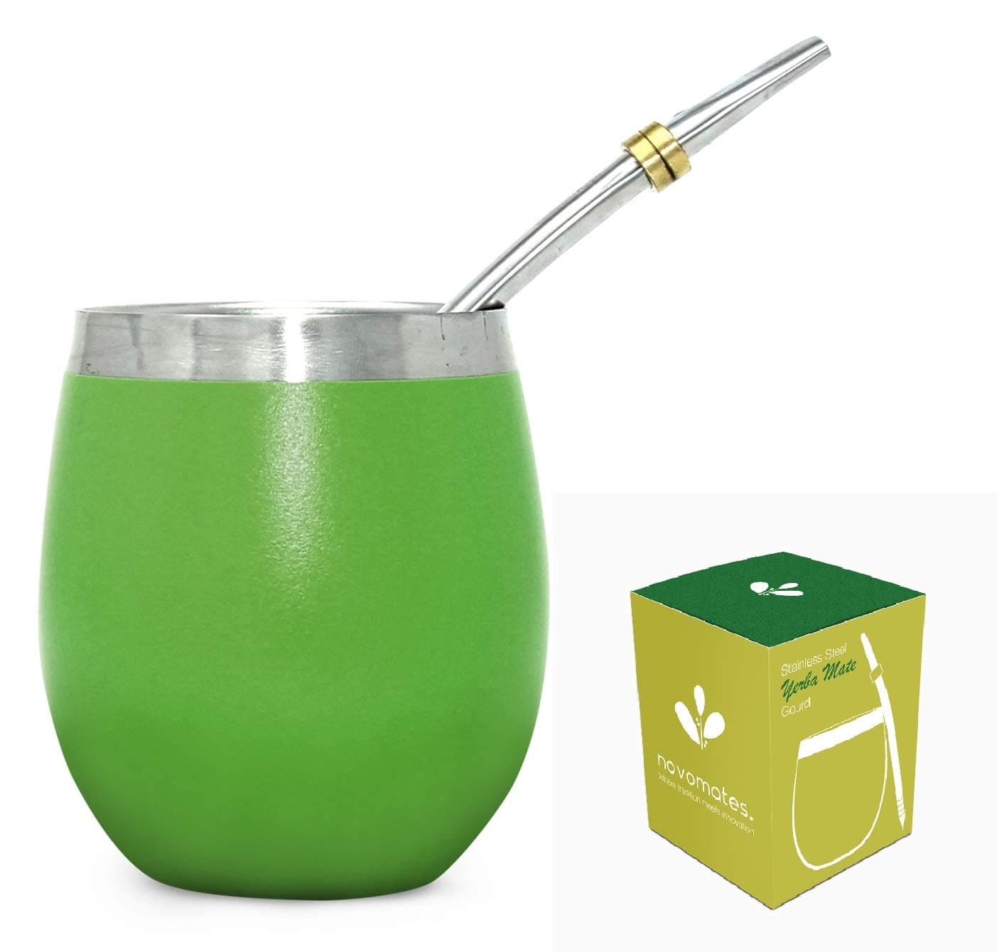 Yerba Mate Kit Including Double Wall Stainless Steel Mate Tea Cup and Mate Straw – Yerba Mate Cup and Bombilla Mate - Yerba Mate Gourd - Bombilla Mate and Mate Tea Cup 8oz (237ml) (Green)