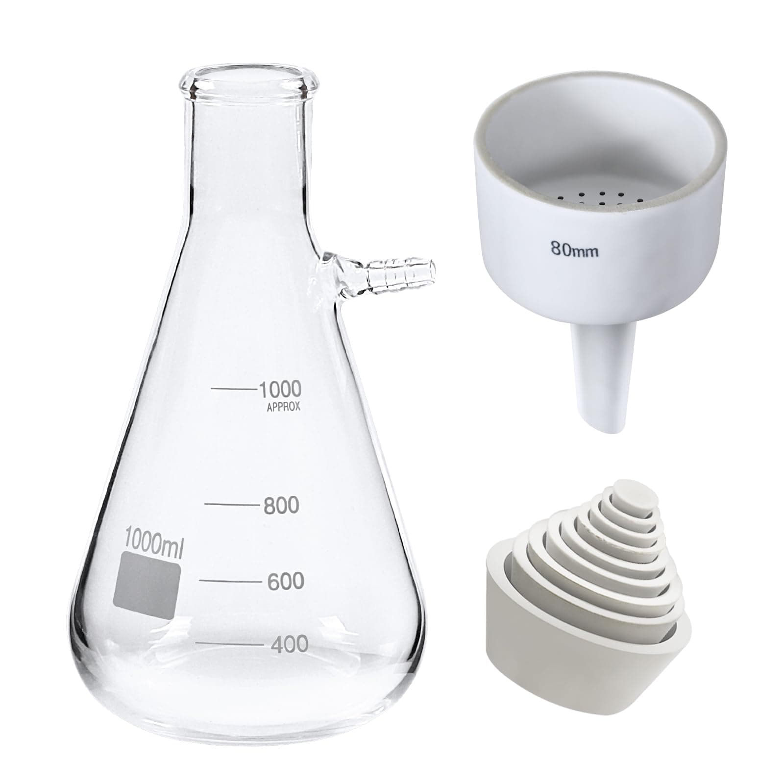 Buchner Funnel Filtering Kit, Vacuum Filter Flask Set with 1000 ml Filter Bottle and 80 mm Funnel, Filter Flask Set Borosilicate Glass Lab Vacuum Filtration Distillation Apparatus (White)