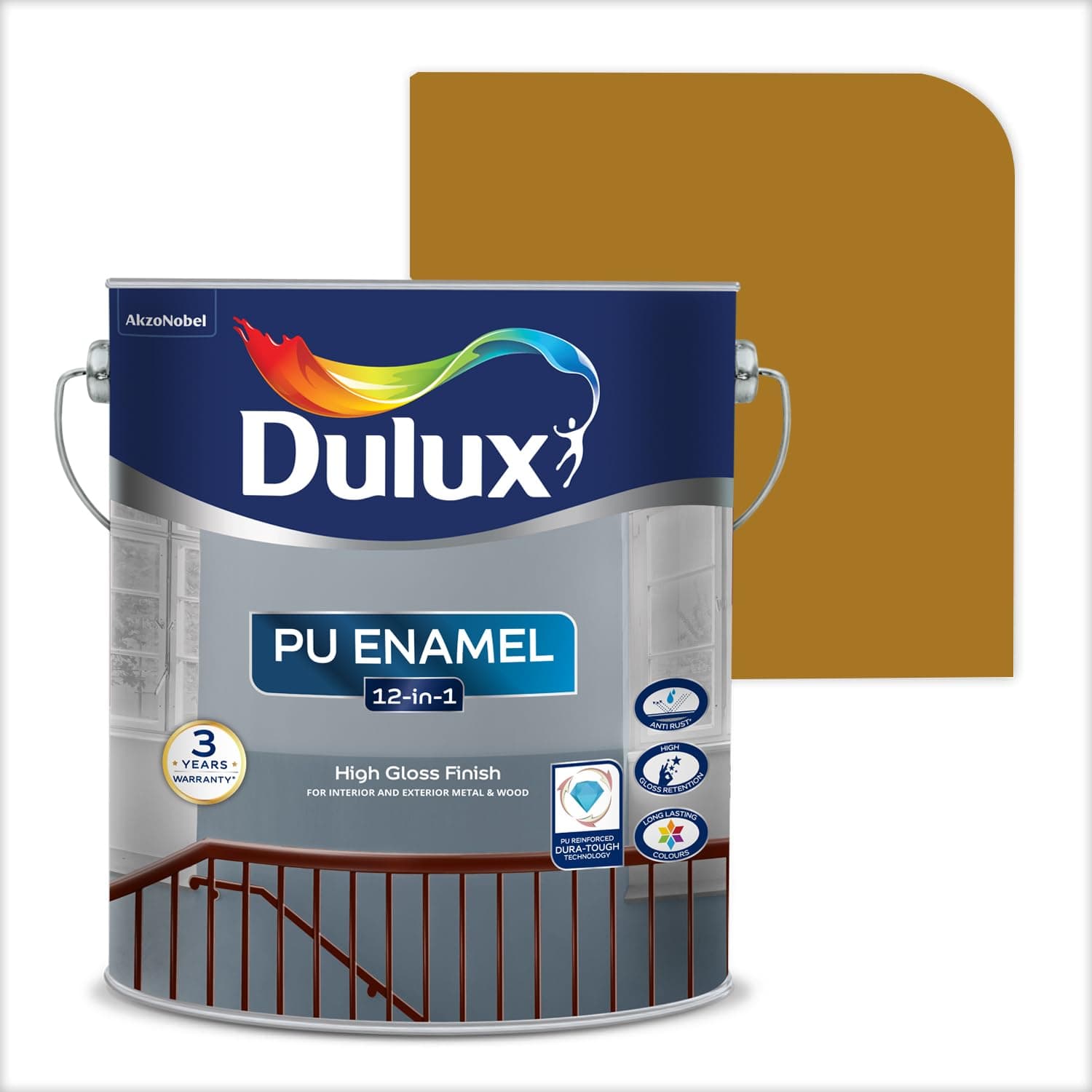 PU Enamel High Gloss Finish Paint for Interior Exterior Metal & Wood Surfaces with Fast Drying Anti-Rust & Complete Coverage (1 Litre, Golden Brown) | 3 Years Warranty